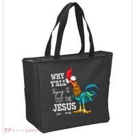 Why Y'all Trying To Test The Jesus In Me Funny Chicken Tote Bag thumb 2