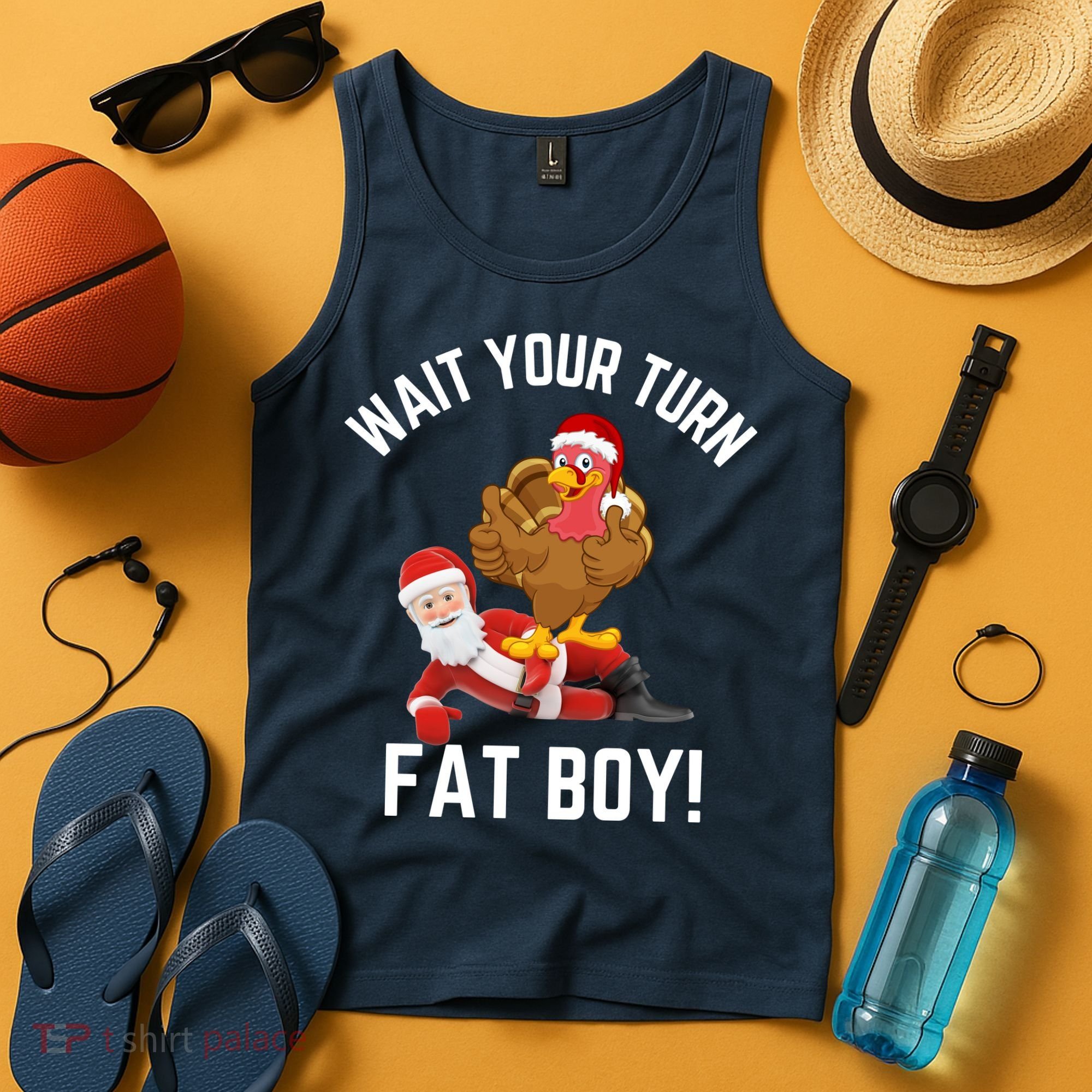 Wait Your Turn Fat Boy Funny Thanksgiving Turkey Santa Tank Top