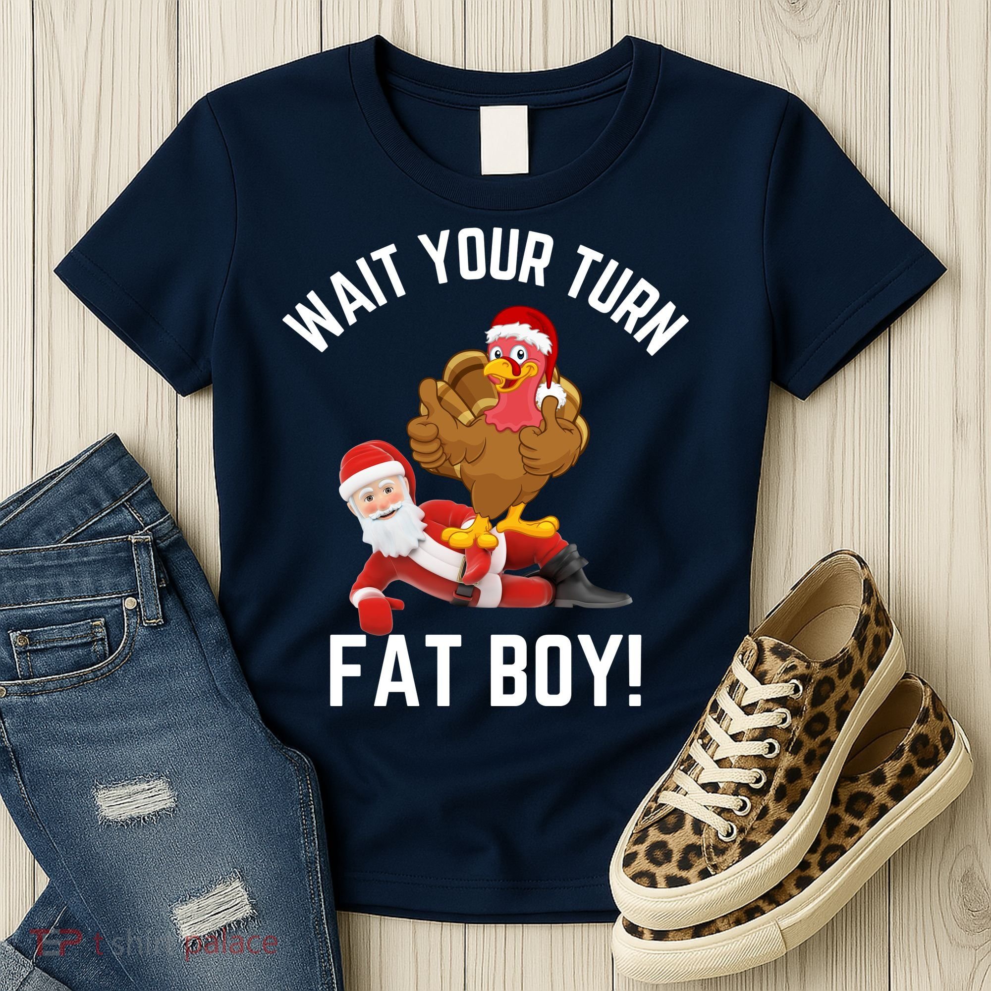 Wait Your Turn Fat Boy Funny Thanksgiving Turkey Santa Women's T-Shirt