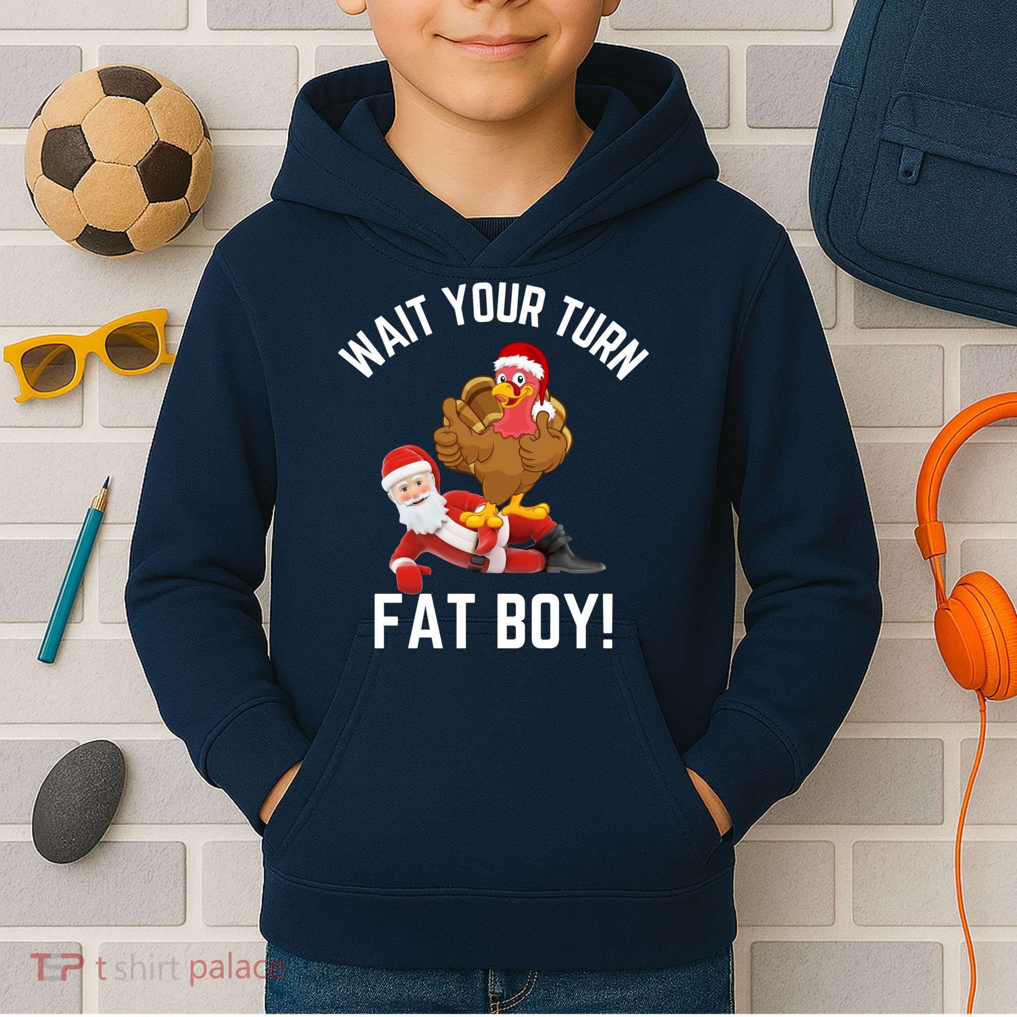 Wait Your Turn Fat Boy Funny Thanksgiving Turkey Santa Kids Hoodie