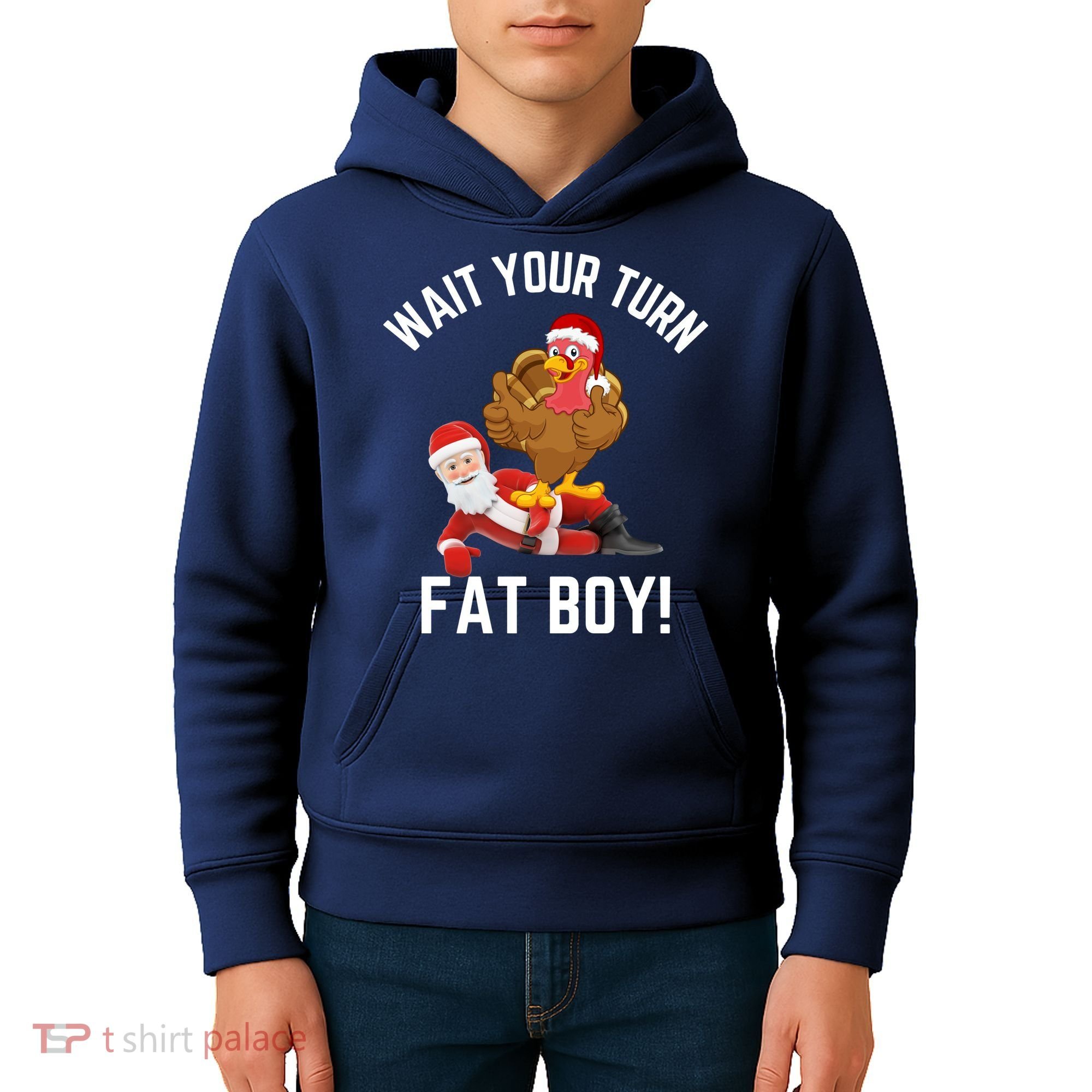Wait Your Turn Fat Boy Funny Thanksgiving Turkey Santa Kids Hoodie