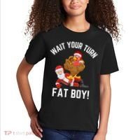Wait Your Turn Fat Boy Funny Thanksgiving Turkey Santa Kids T-Shirt thumb 2