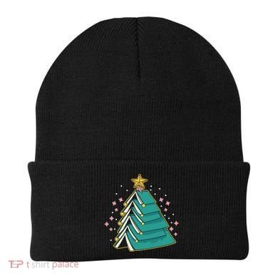 Xmas Book Nerd Library Lover Bookworm Book Christmas Tree Funny Gift Beanie