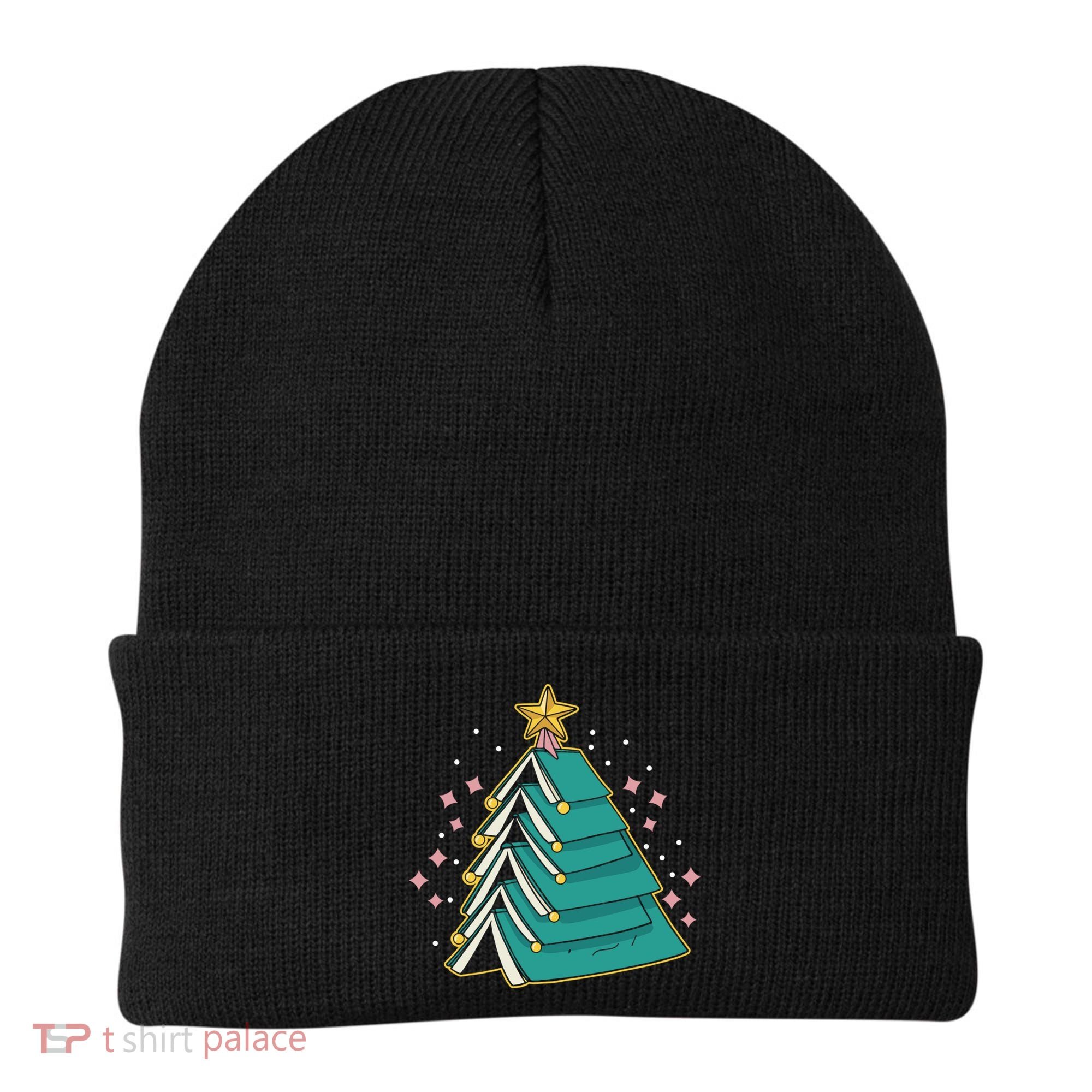 Xmas Book Nerd Library Lover Bookworm Book Christmas Tree Funny Gift Beanie