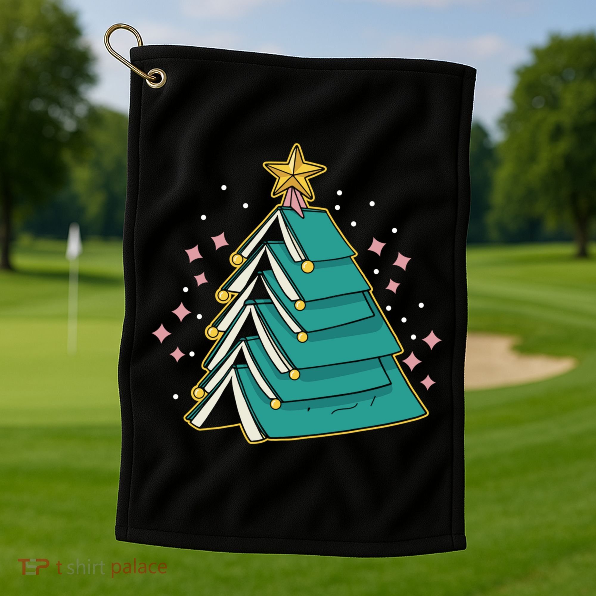 Xmas Book Nerd Library Lover Bookworm Book Christmas Tree Funny Gift Golf Towel