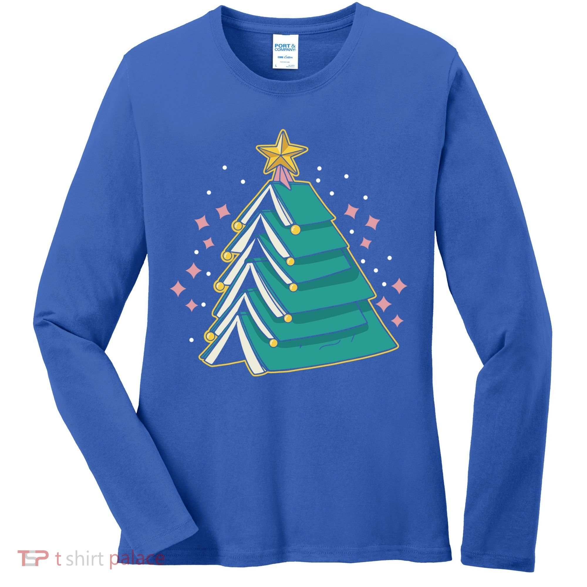 Xmas Book Nerd Library Lover Bookworm Book Christmas Tree Funny Gift Women's Long Sleeve Shirt