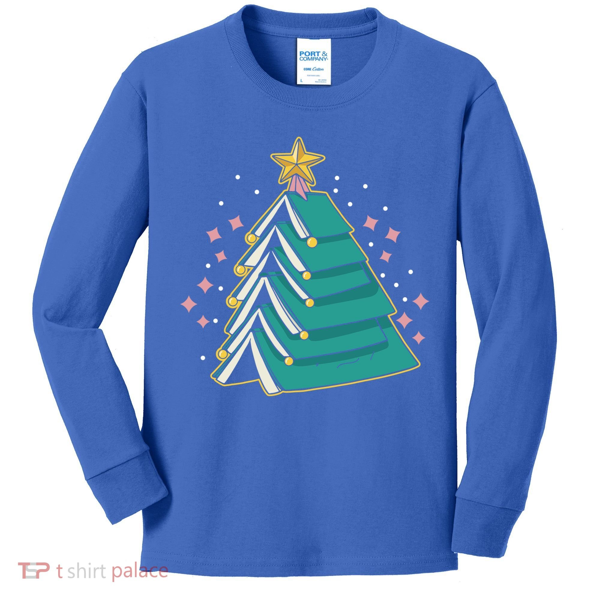Xmas Book Nerd Library Lover Bookworm Book Christmas Tree Funny Gift Kids Long Sleeve Shirt