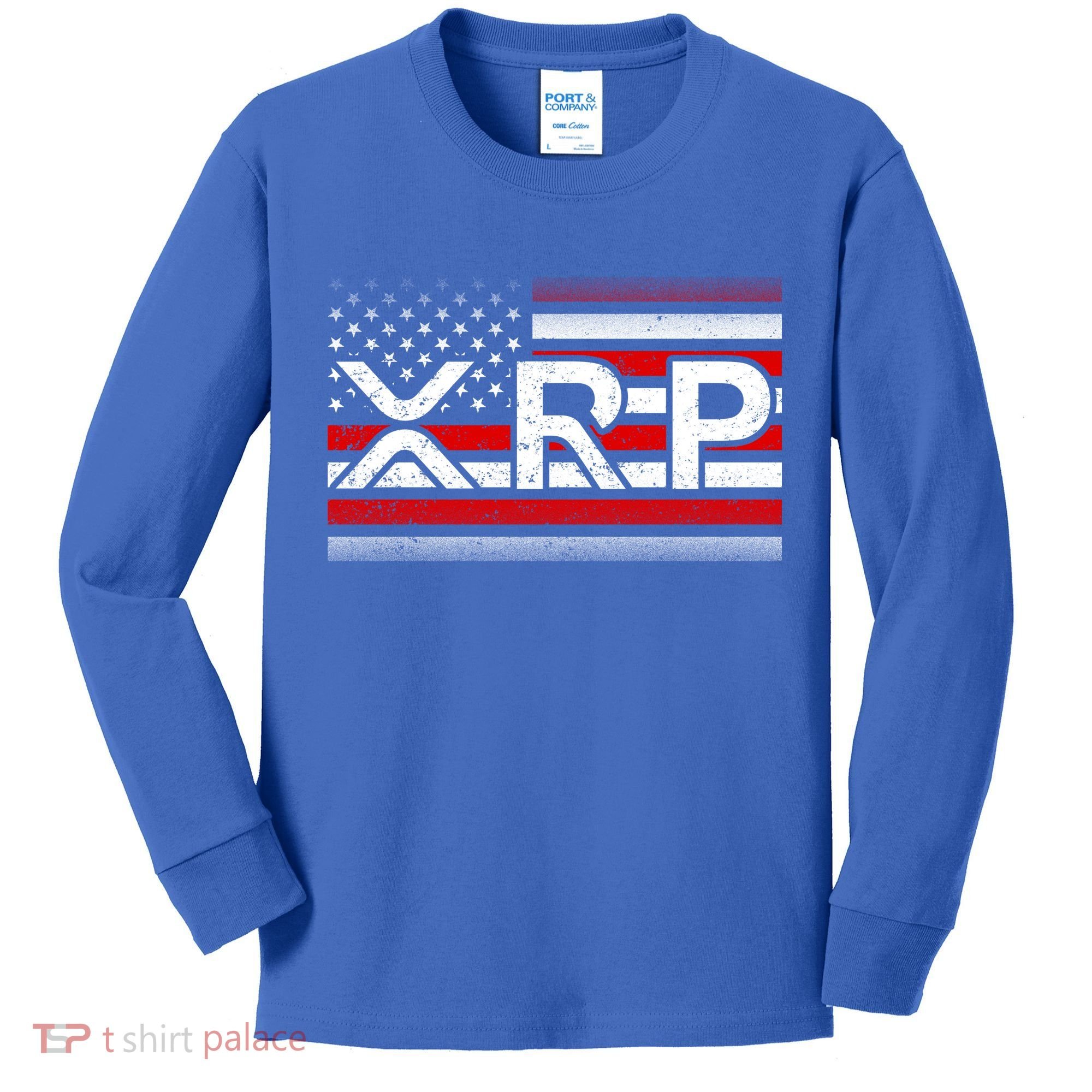 XRP Cryptocurrency Distressed USA American Flag Kids Long Sleeve Shirt