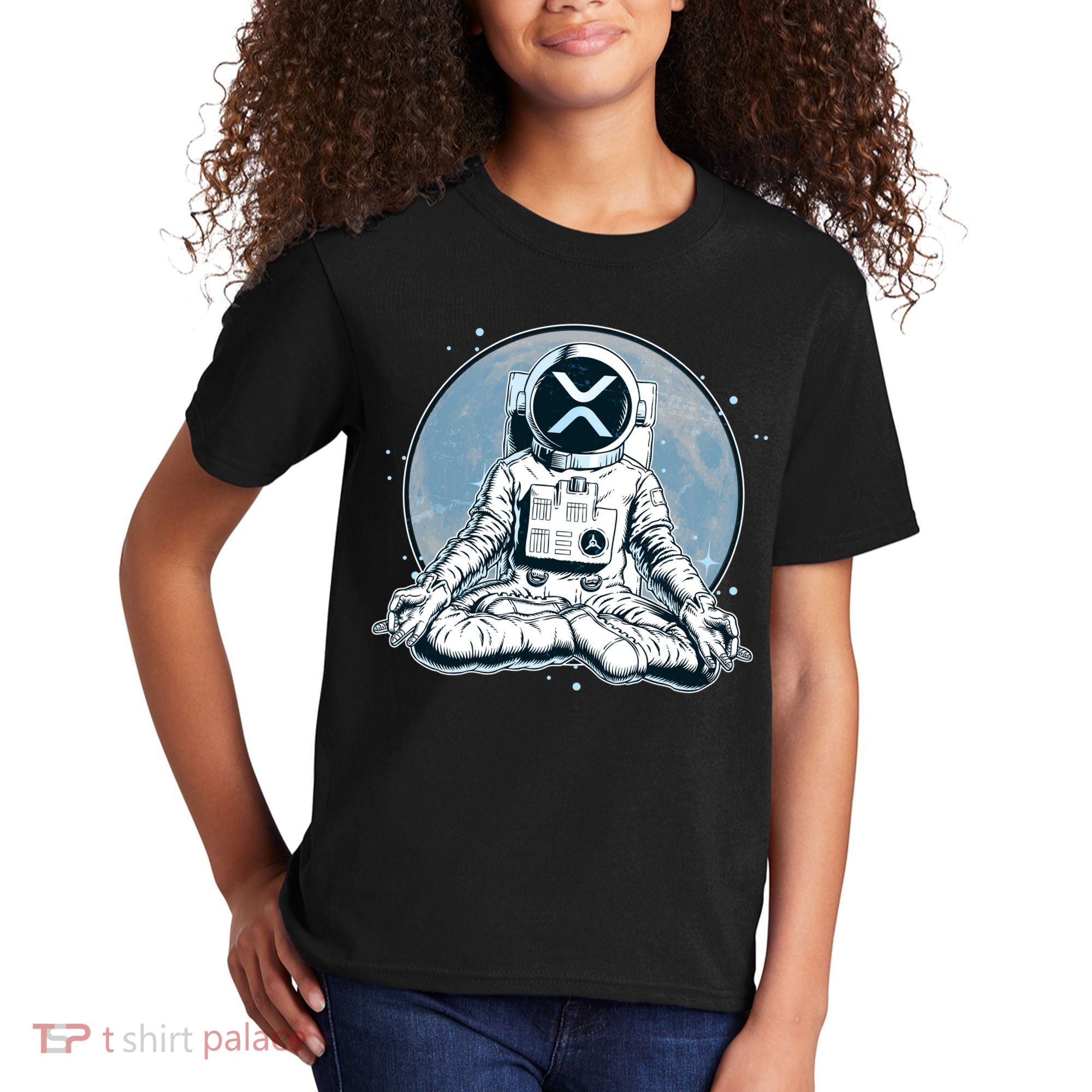 XRP Cryptocurrency Yoga Astronaut Moon Kids T-Shirt