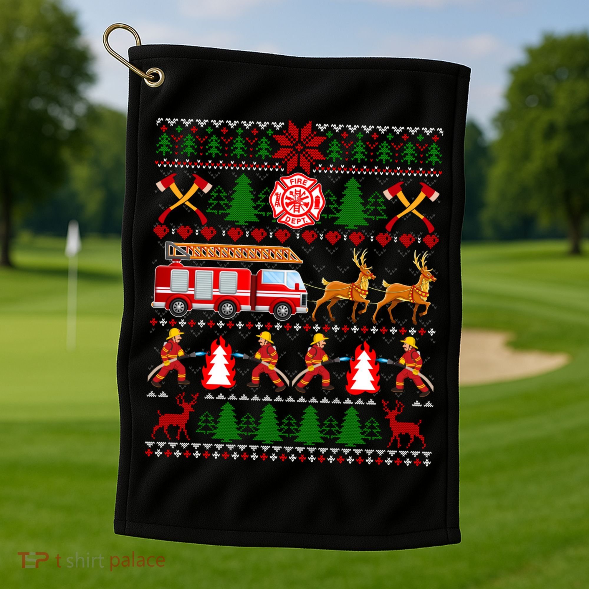 Xmas Firefighter Lover Fire Truck Fire Ugly Sweater Gift Golf Towel