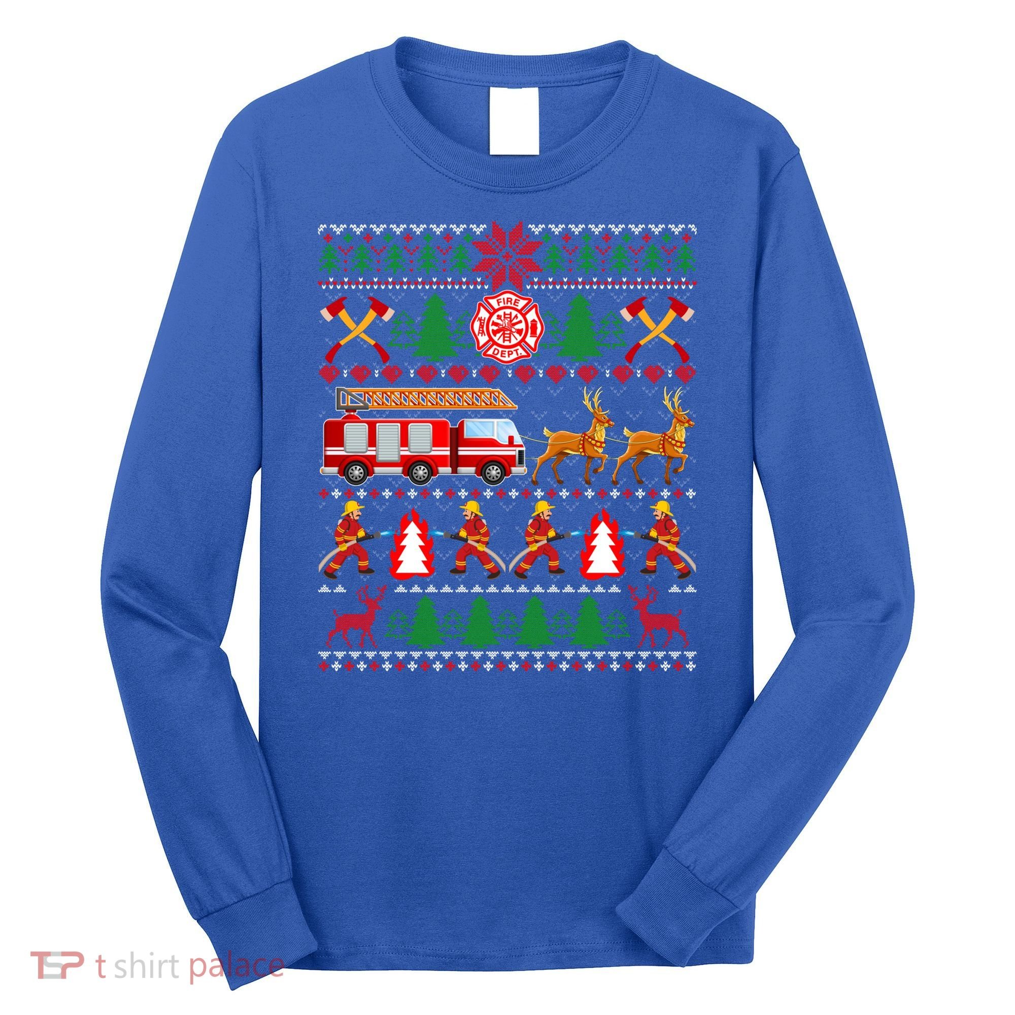 Xmas Firefighter Lover Fire Truck Fire Ugly Sweater Gift Long Sleeve Shirt