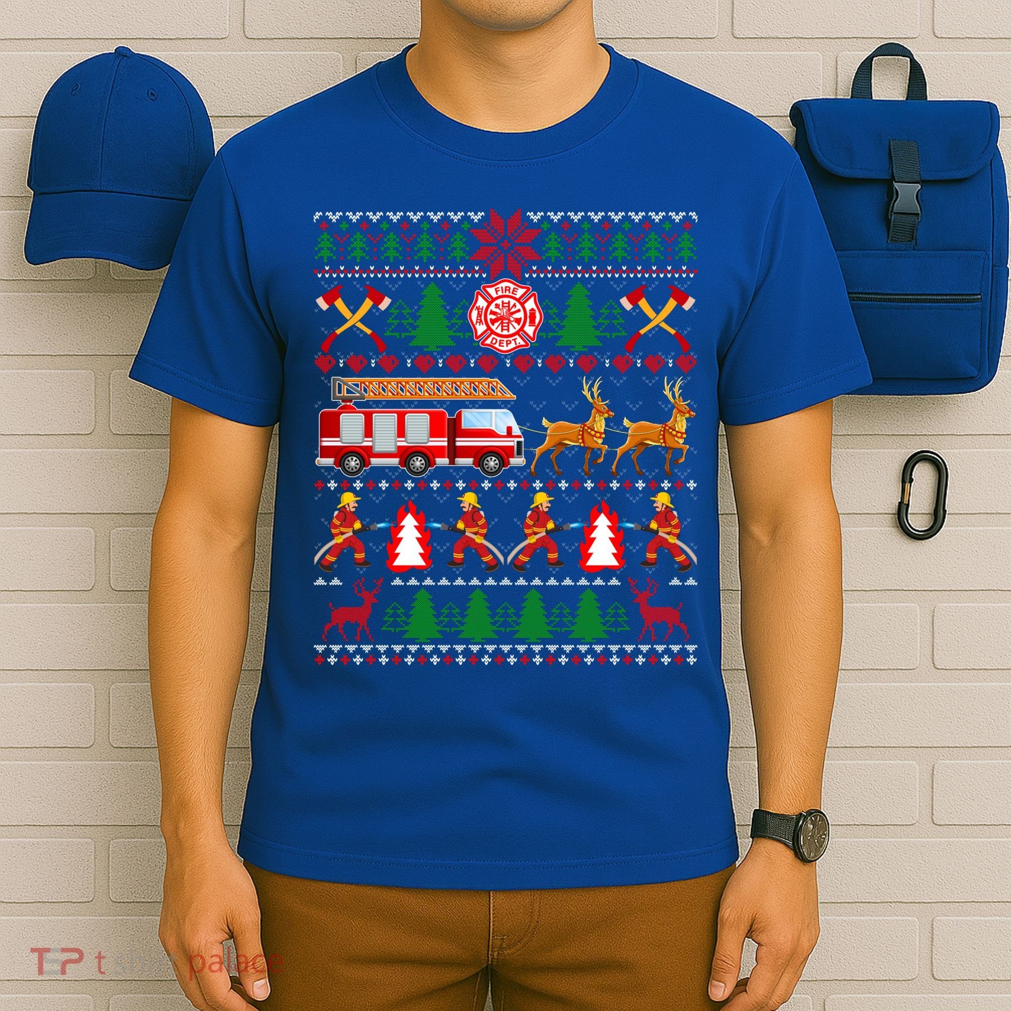 Xmas Firefighter Lover Fire Truck Fire Ugly Sweater Gift T-Shirt