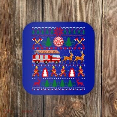 Xmas Firefighter Lover Fire Truck Fire Ugly Sweater Gift Coaster