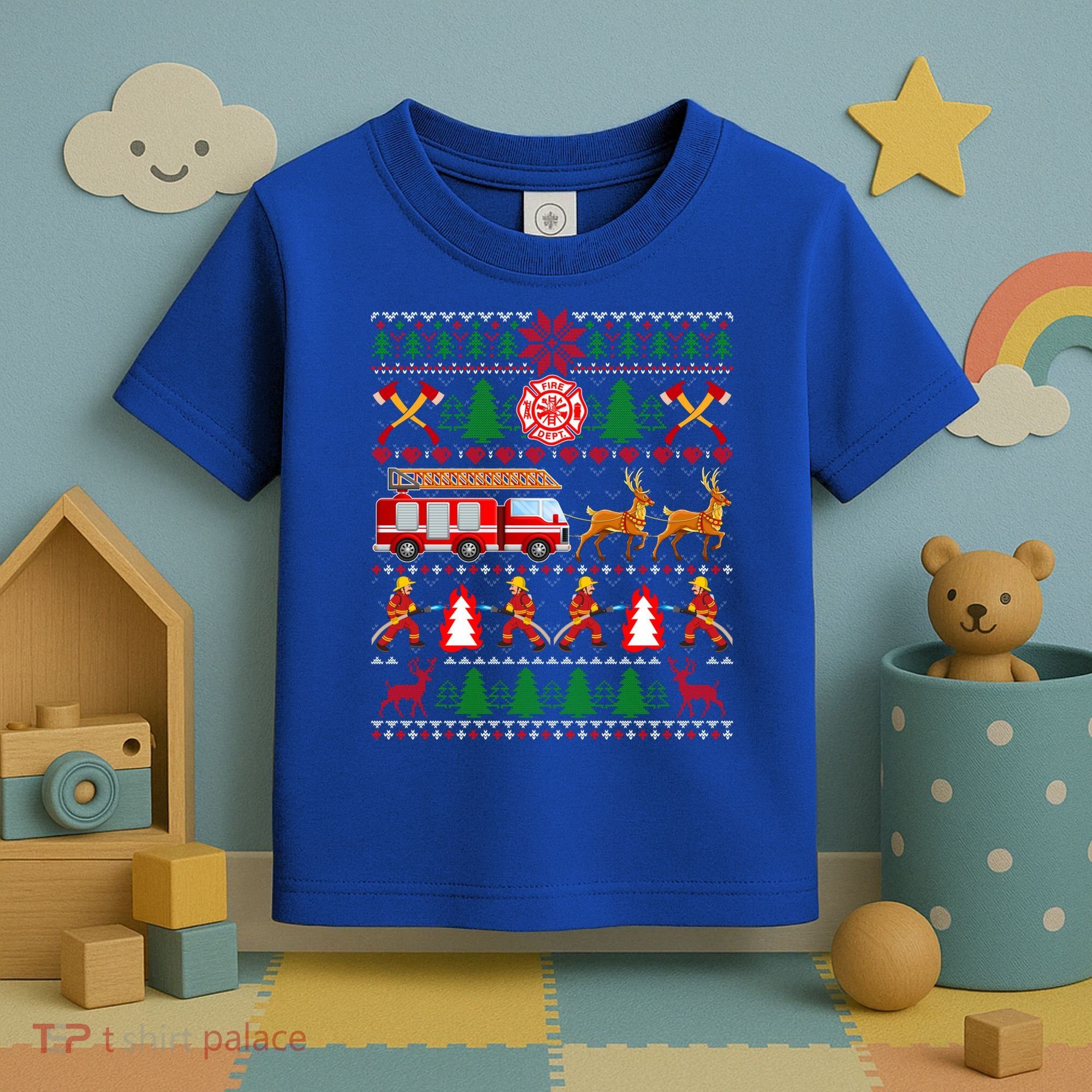 Xmas Firefighter Lover Fire Truck Fire Ugly Sweater Gift Toddler T-Shirt