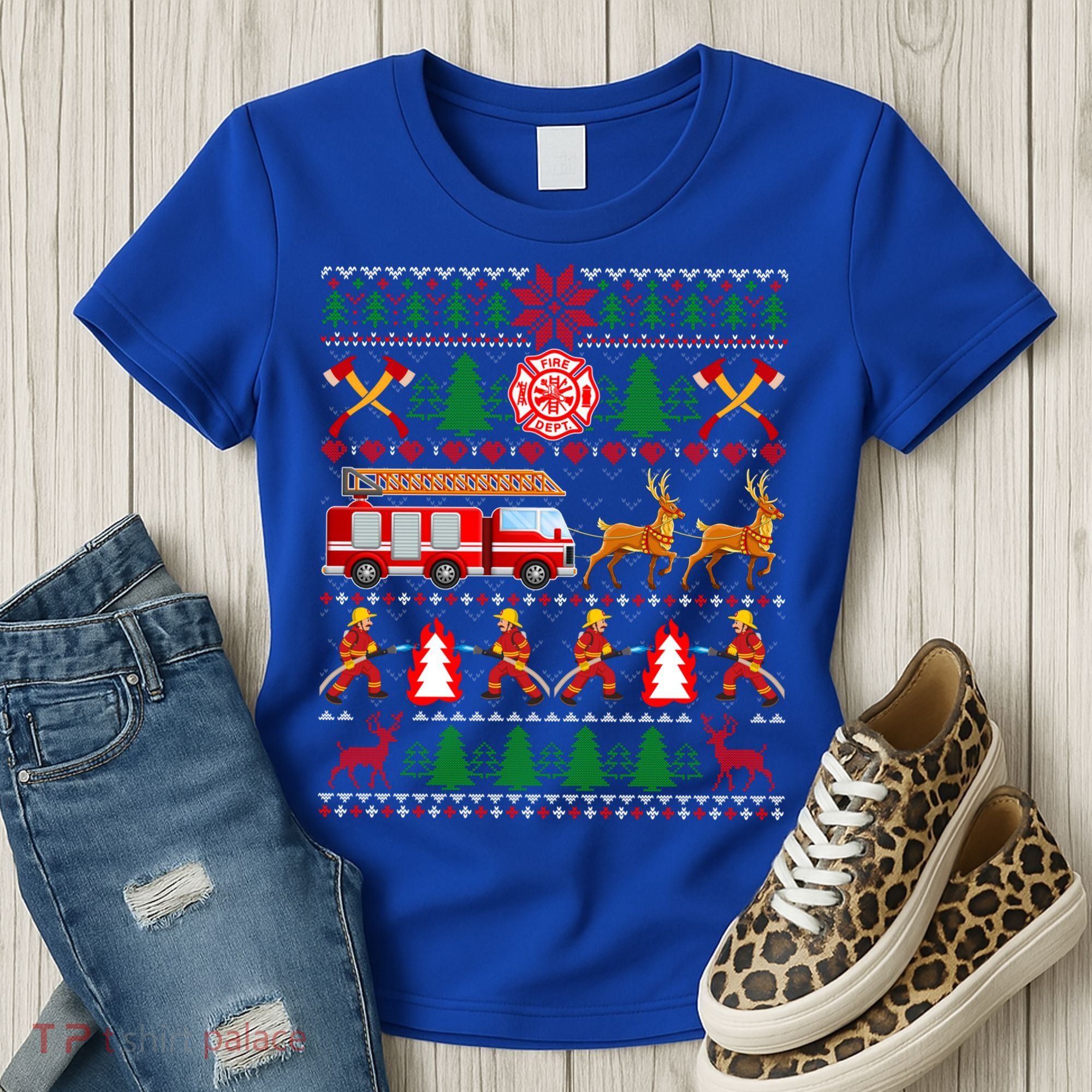 Xmas Firefighter Lover Fire Truck Fire Ugly Sweater Gift Women's T-Shirt