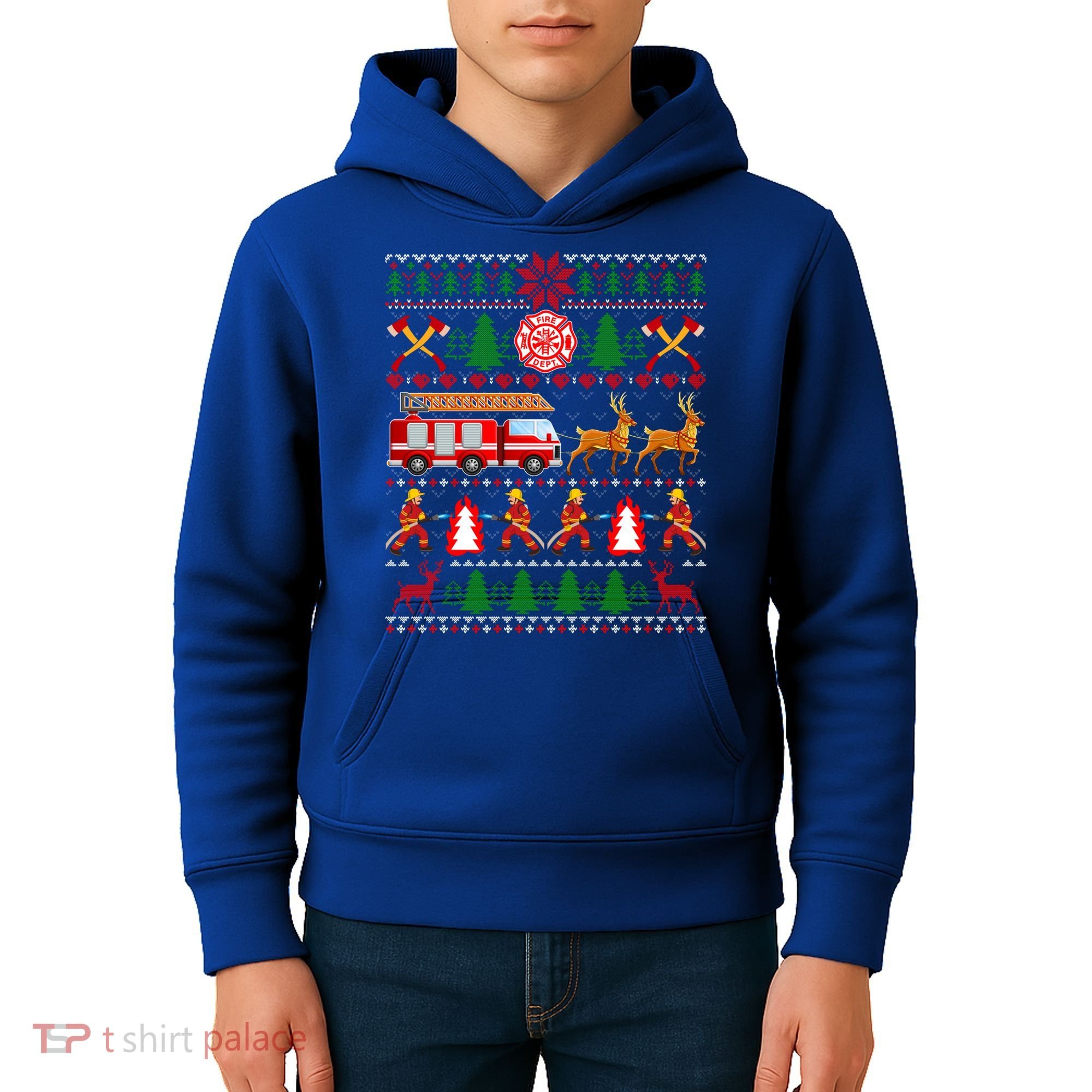 Xmas Firefighter Lover Fire Truck Fire Ugly Sweater Gift Kids Hoodie