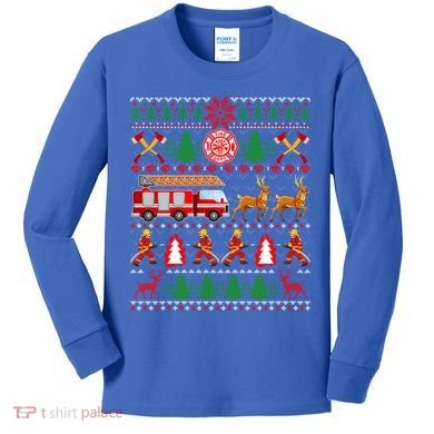 Xmas Firefighter Lover Fire Truck Fire Ugly Sweater Gift Kids Long Sleeve Shirt