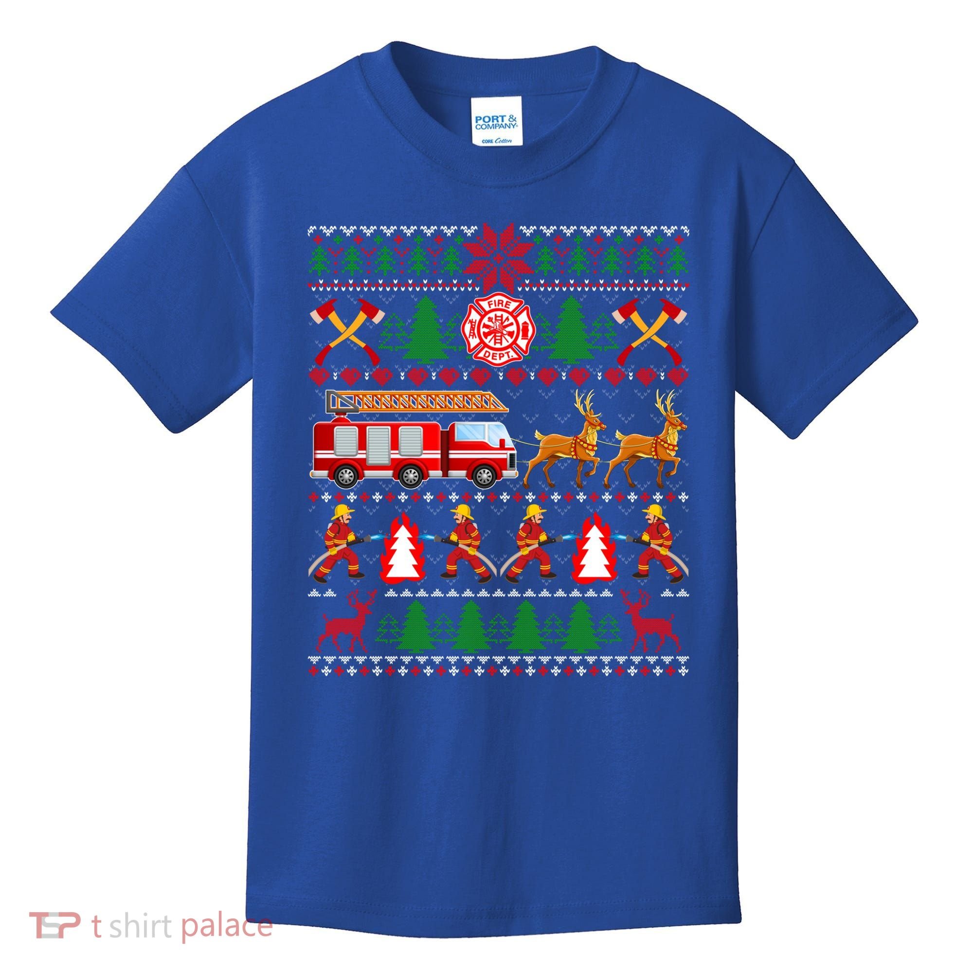 Xmas Firefighter Lover Fire Truck Fire Ugly Sweater Gift Kids T-Shirt