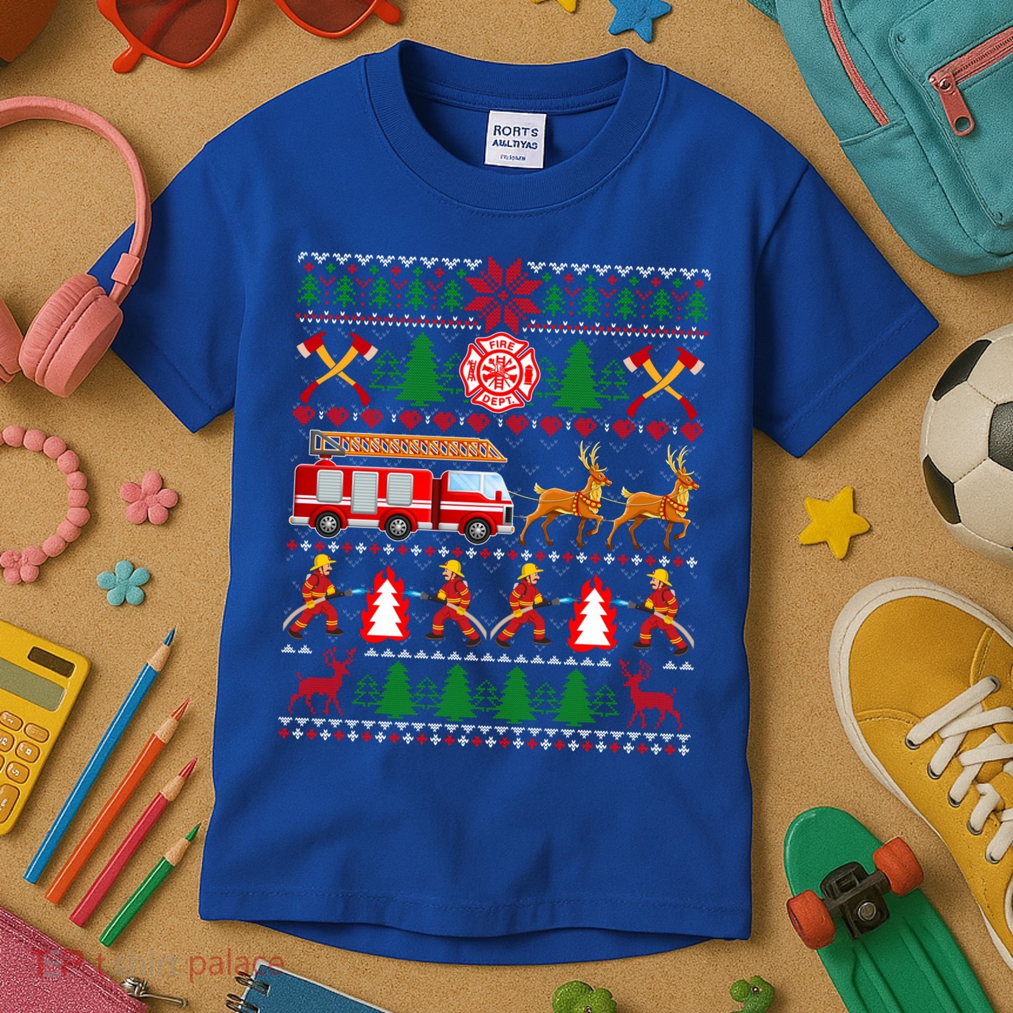 Xmas Firefighter Lover Fire Truck Fire Ugly Sweater Gift Kids T-Shirt