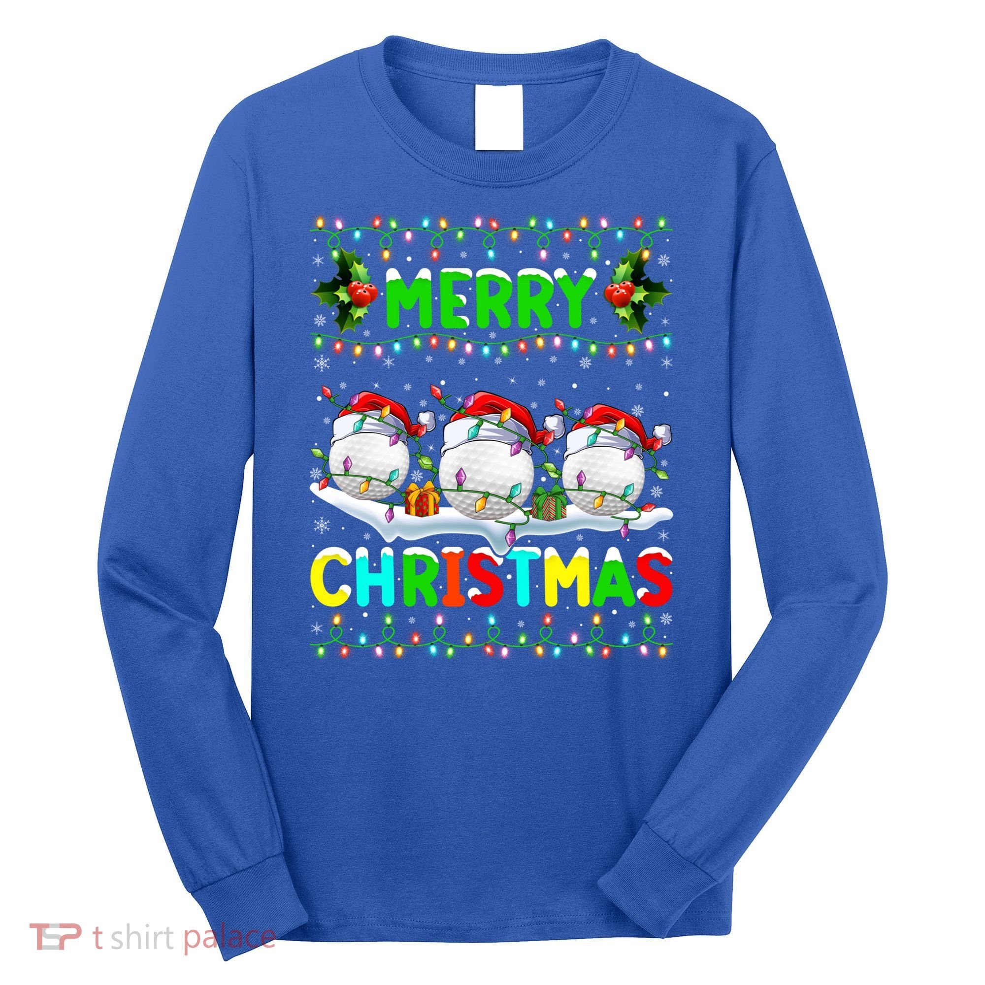 Xmas Golf Lighting Santa Hat Merry Christmas Golf Gift Long Sleeve Shirt