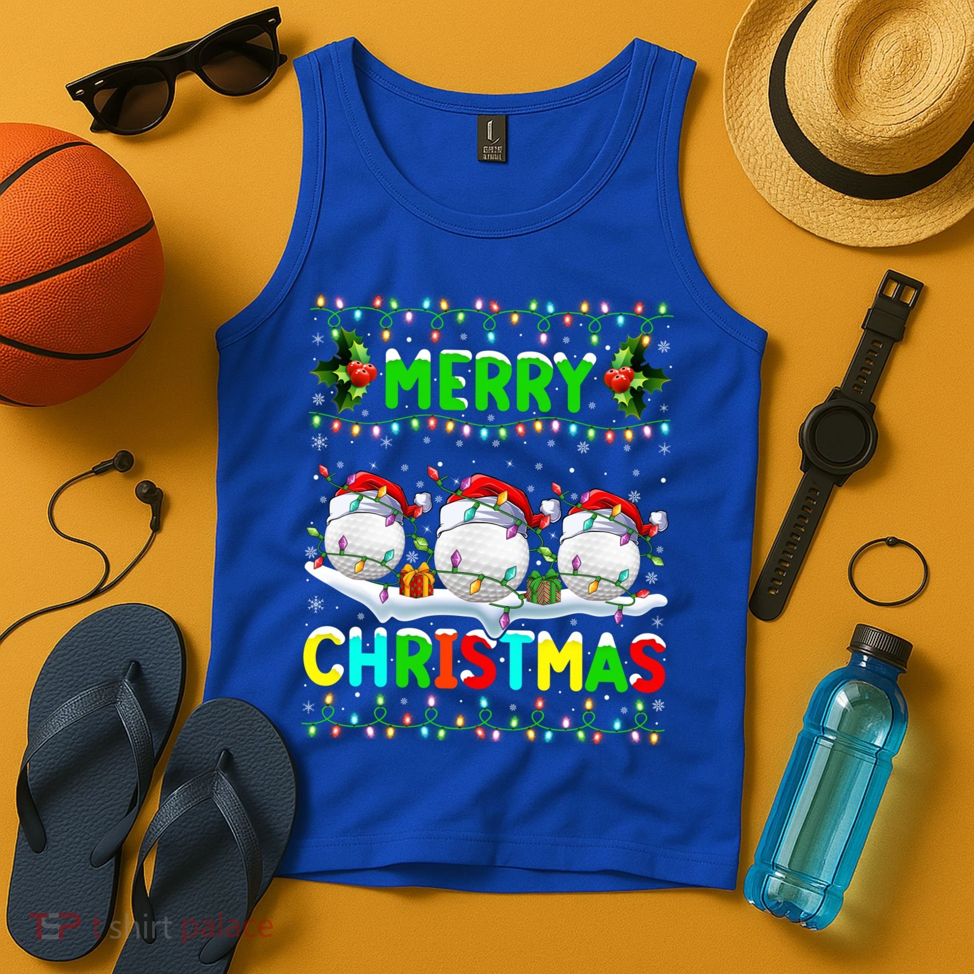 Xmas Golf Lighting Santa Hat Merry Christmas Golf Gift Tank Top