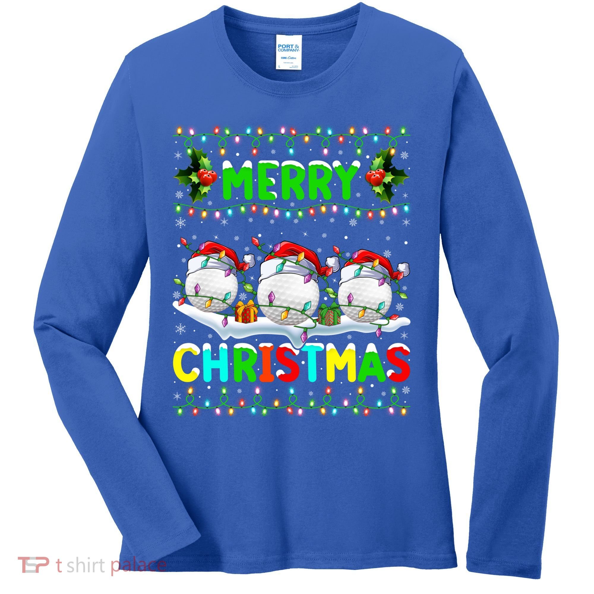 Xmas Golf Lighting Santa Hat Merry Christmas Golf Gift Women's Long Sleeve Shirt