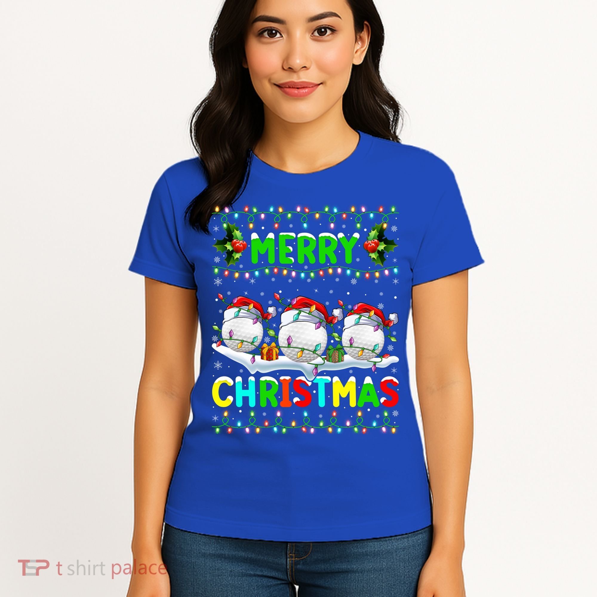 Xmas Golf Lighting Santa Hat Merry Christmas Golf Gift Women's T-Shirt