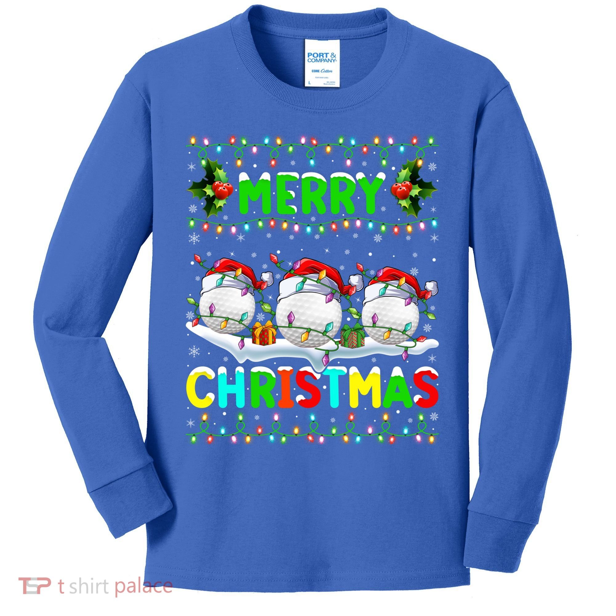 Xmas Golf Lighting Santa Hat Merry Christmas Golf Gift Kids Long Sleeve Shirt