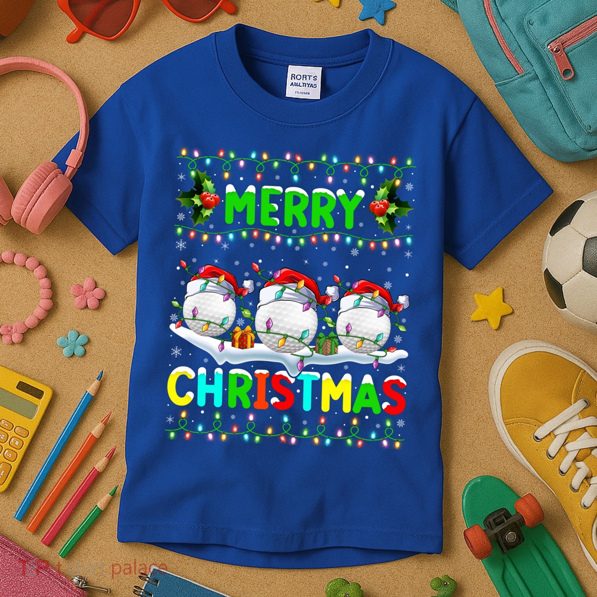Xmas Golf Lighting Santa Hat Merry Christmas Golf Gift Kids T-Shirt