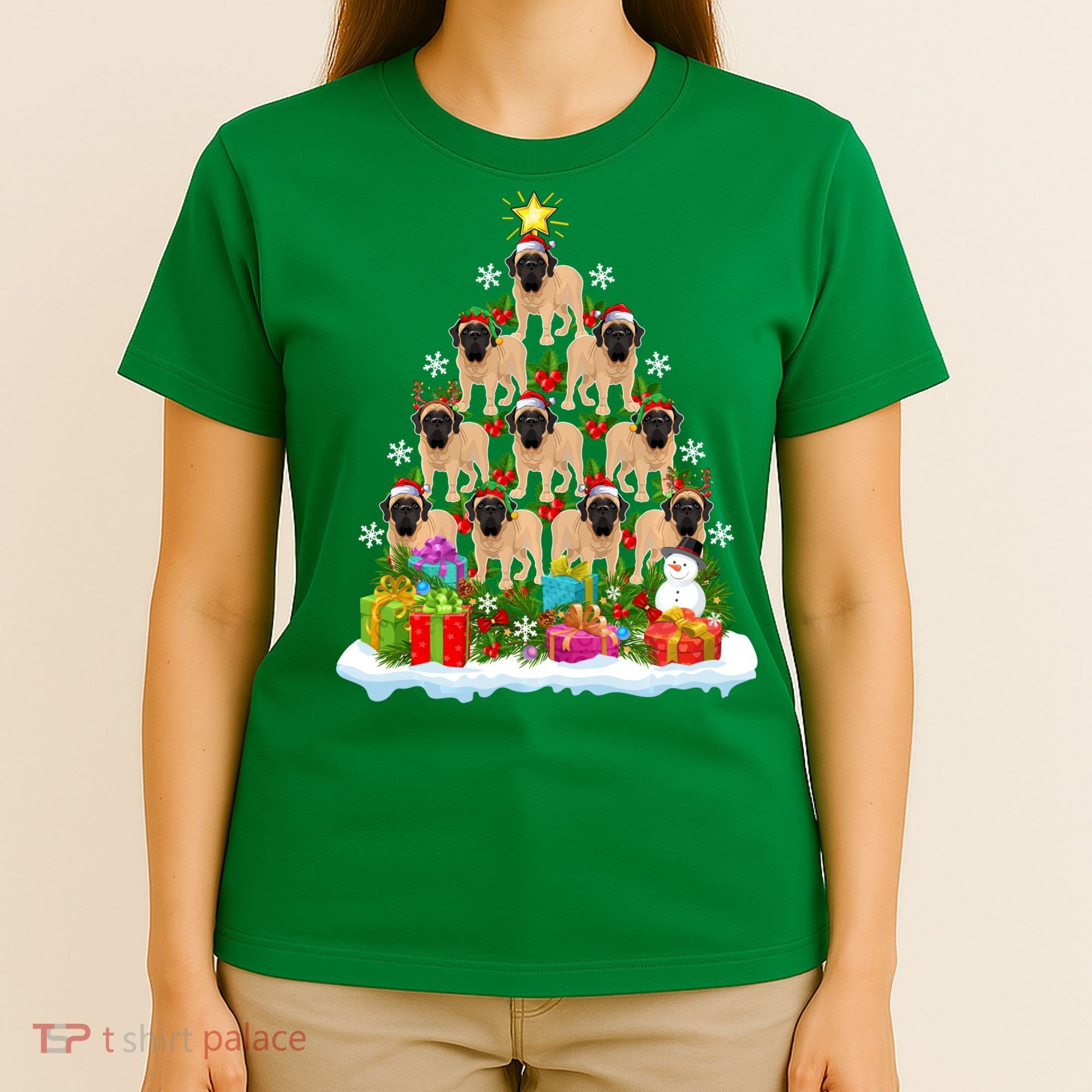 Xmas Holiday Santa English Mastiff Dog Christmas Tree T-Shirt