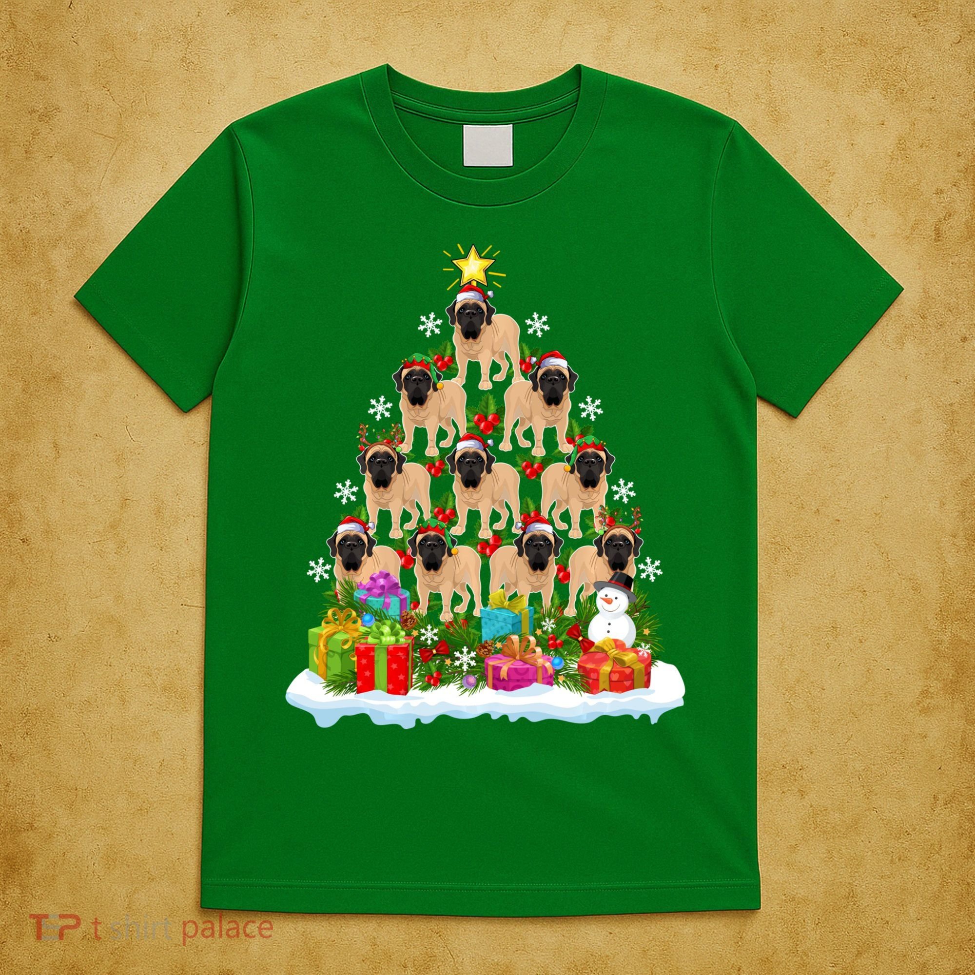 Xmas Holiday Santa English Mastiff Dog Christmas Tree T-Shirt