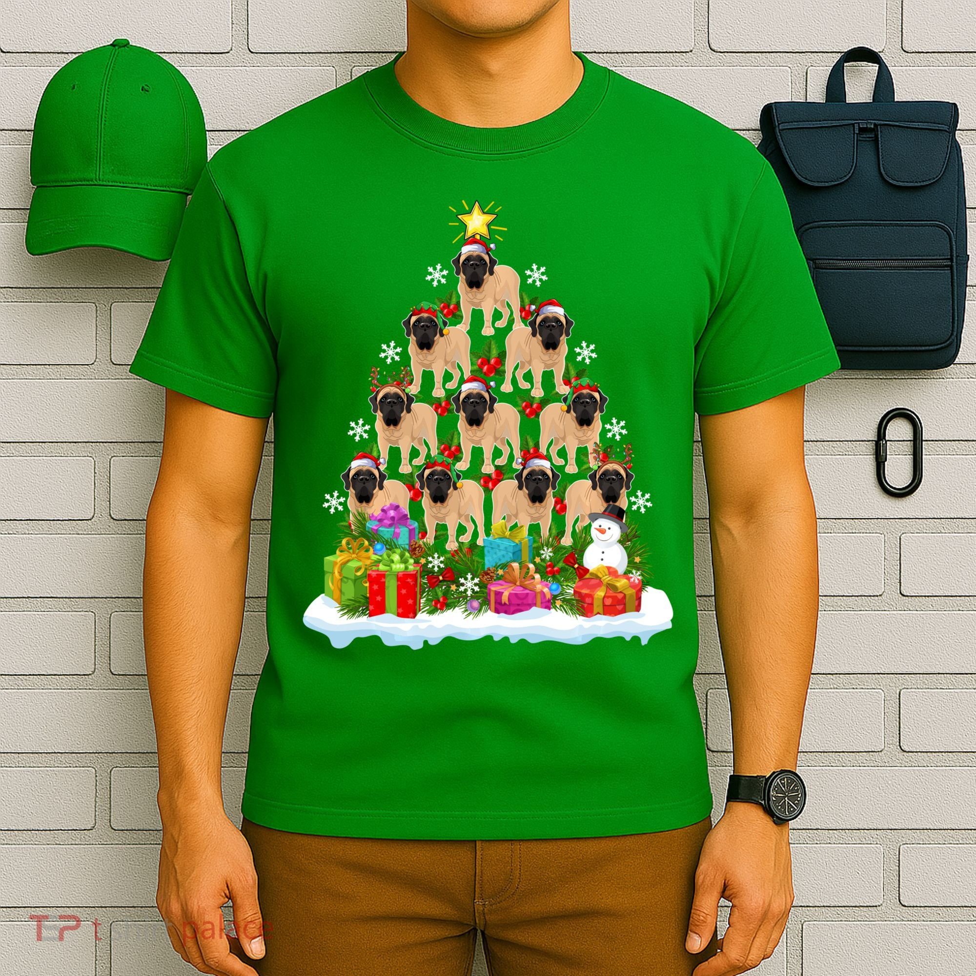 Xmas Holiday Santa English Mastiff Dog Christmas Tree T-Shirt