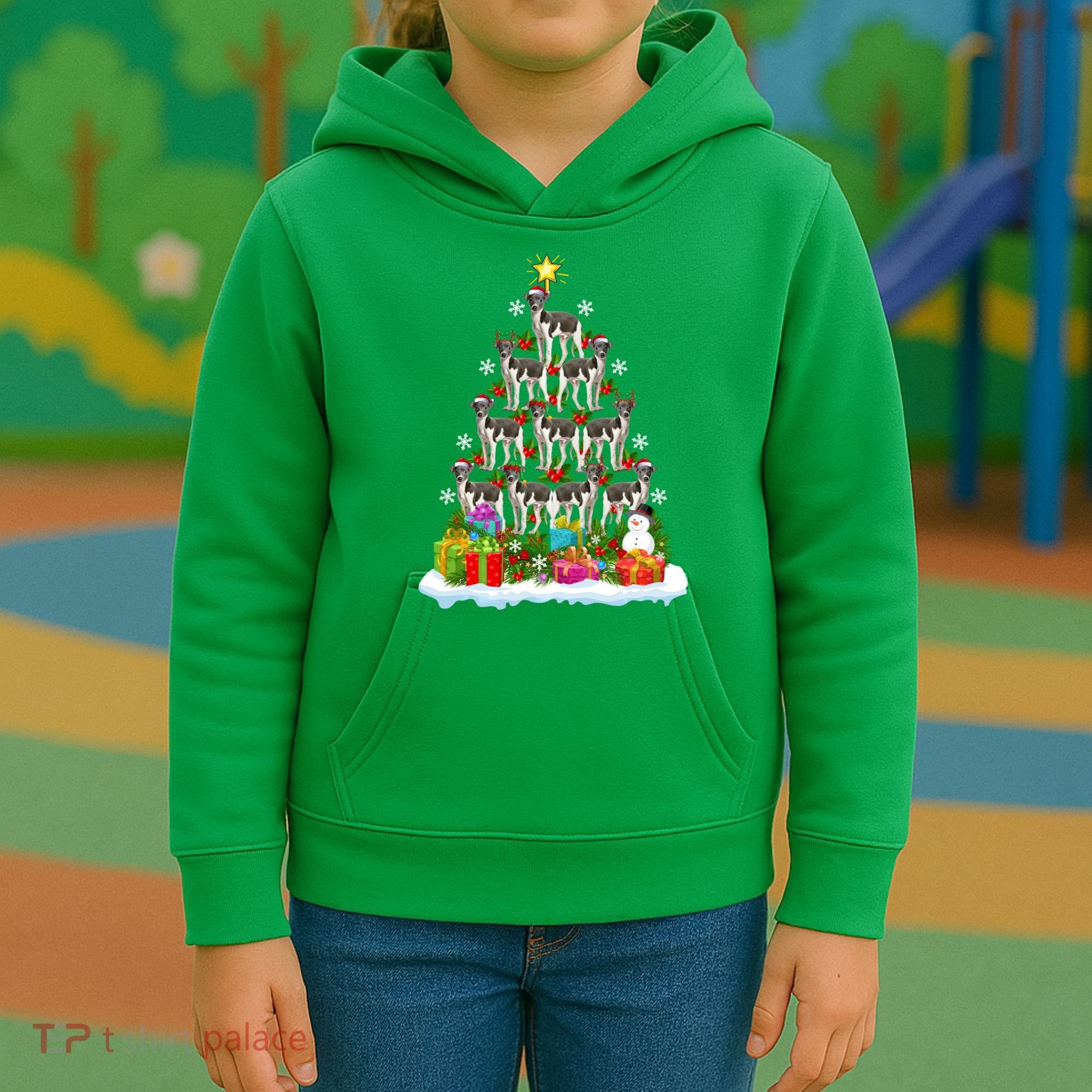 Xmas Holiday Santa Greyhound Dog Christmas Tree Kids Hoodie