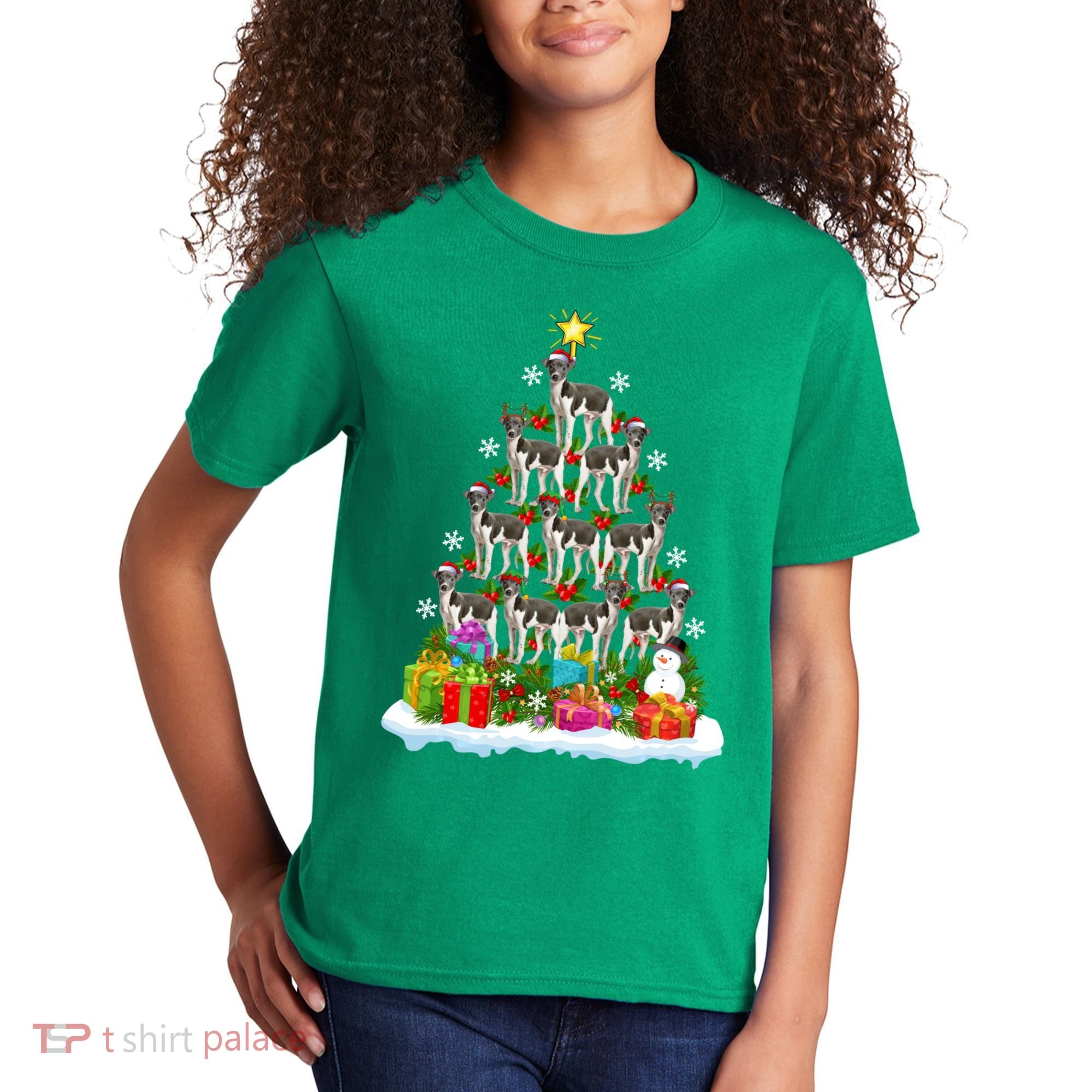 Xmas Holiday Santa Greyhound Dog Christmas Tree Kids T-Shirt