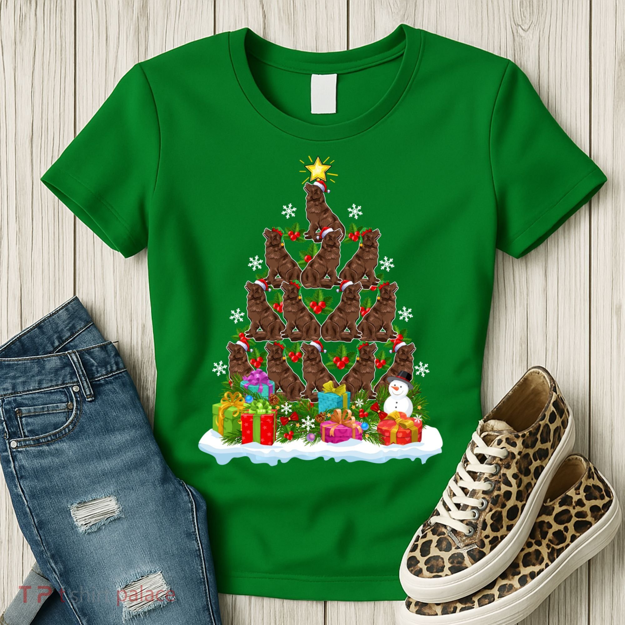 Xmas Holiday Santa Newfoundland Dog Christmas Tree Women's T-Shirt