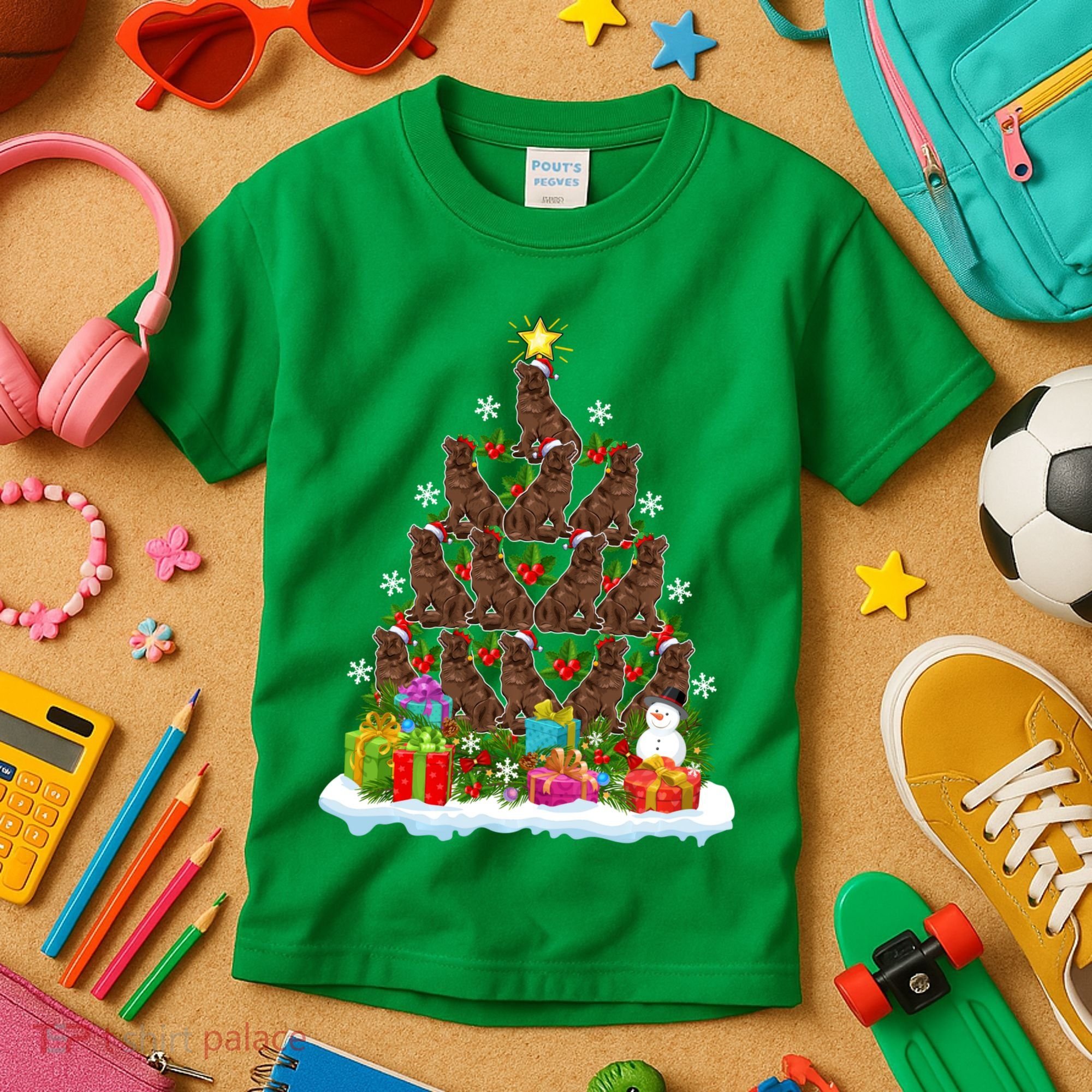 Xmas Holiday Santa Newfoundland Dog Christmas Tree Kids T-Shirt