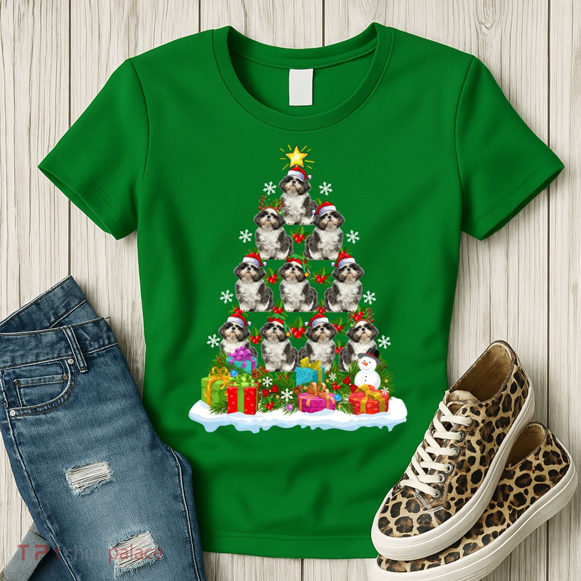 Xmas Holiday Santa Shih Tzu Dog Christmas Tree Women's T-Shirt