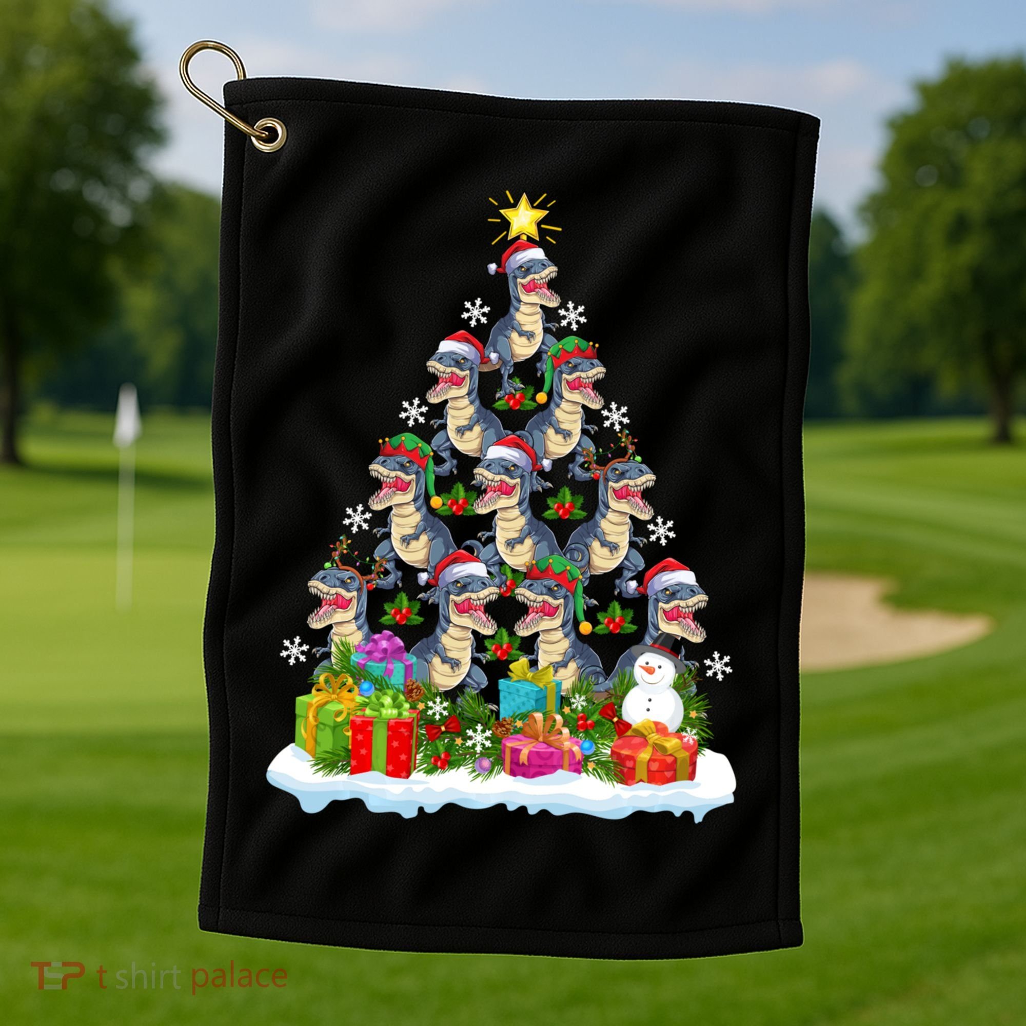 Xmas Holiday Santa TRex Dinosaur Christmas Tree Golf Towel