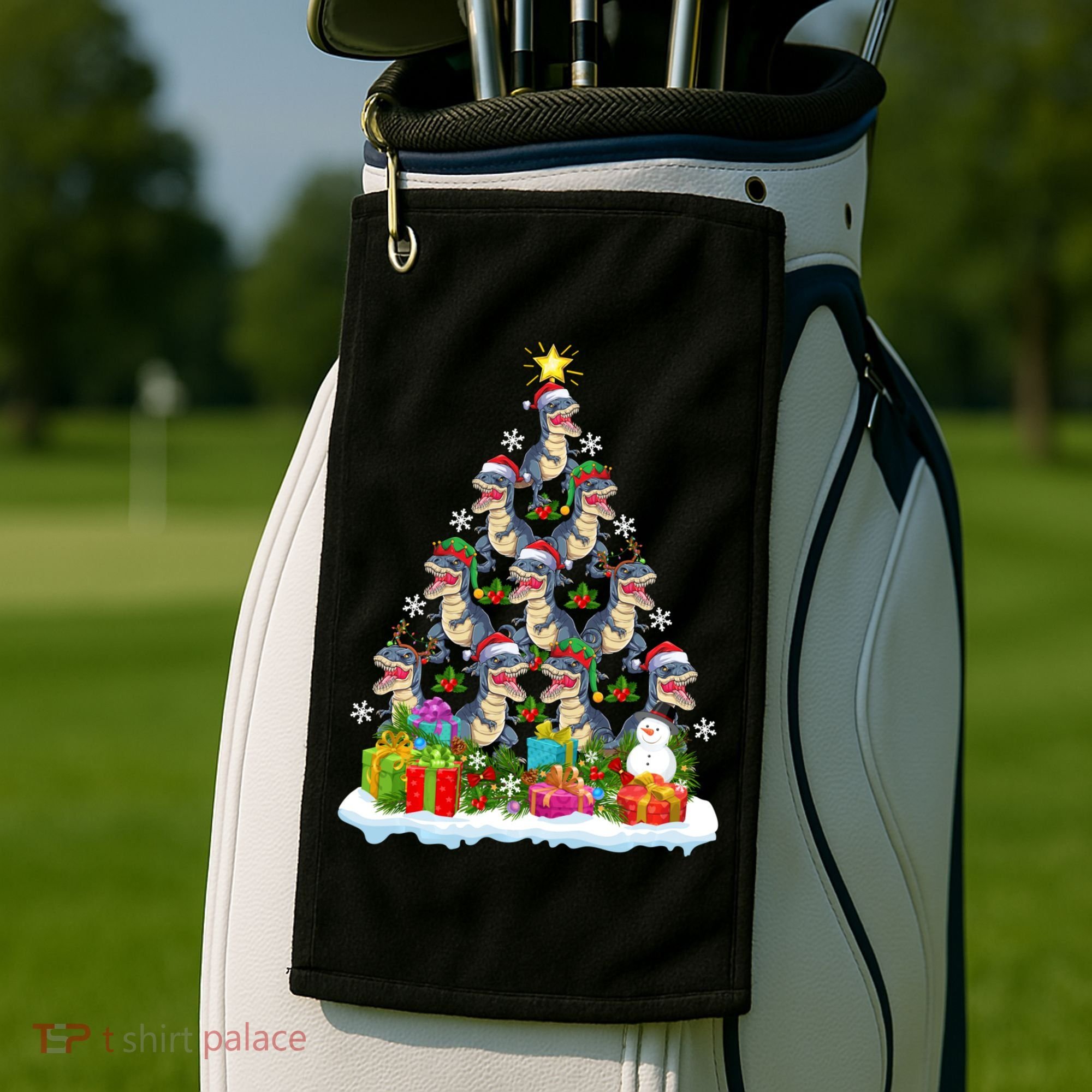 Xmas Holiday Santa TRex Dinosaur Christmas Tree Golf Towel