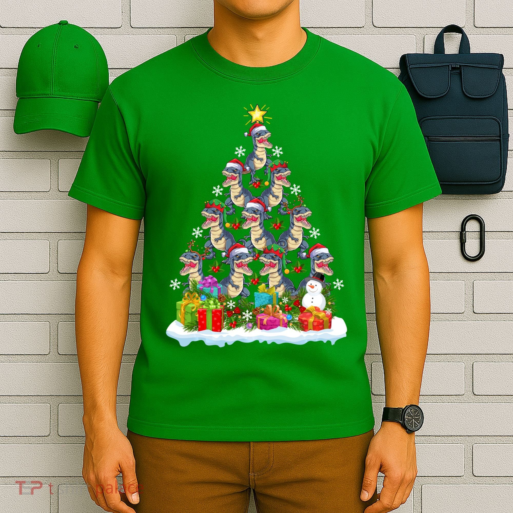 Xmas Holiday Santa TRex Dinosaur Christmas Tree T-Shirt