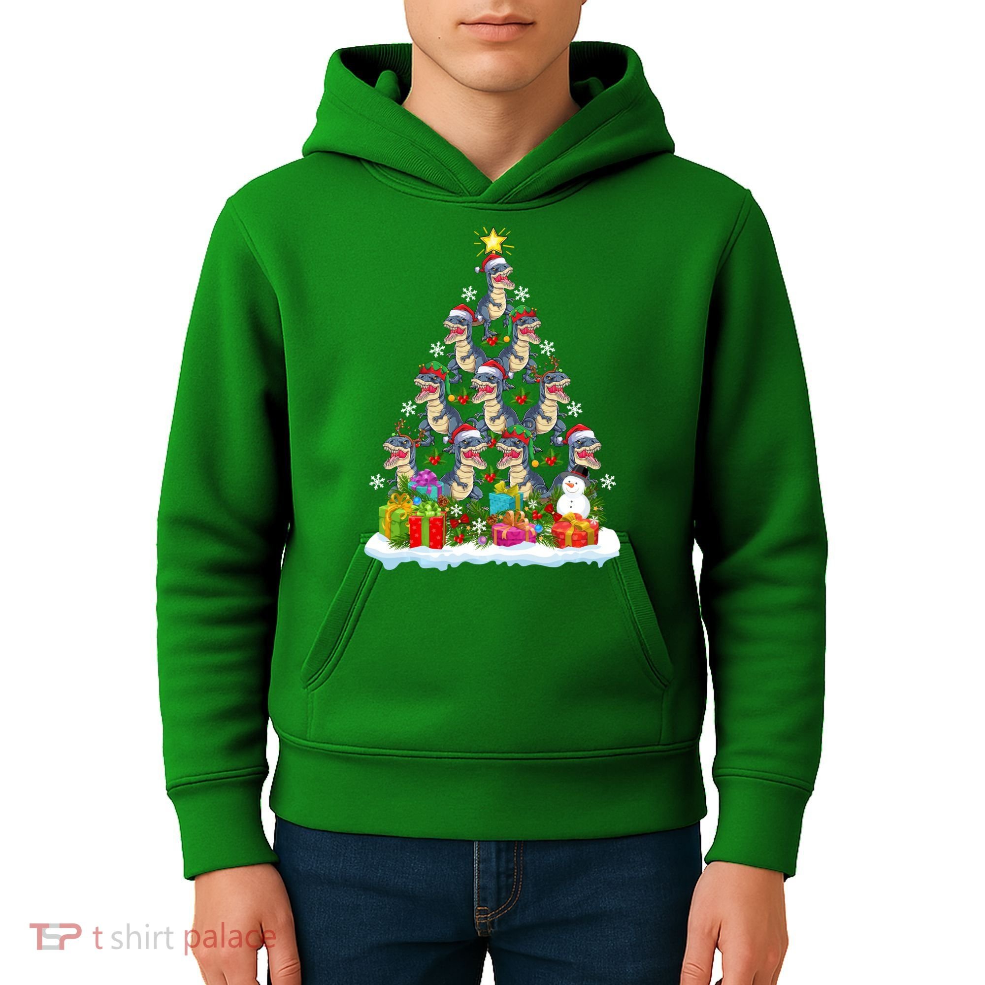 Xmas Holiday Santa TRex Dinosaur Christmas Tree Kids Hoodie