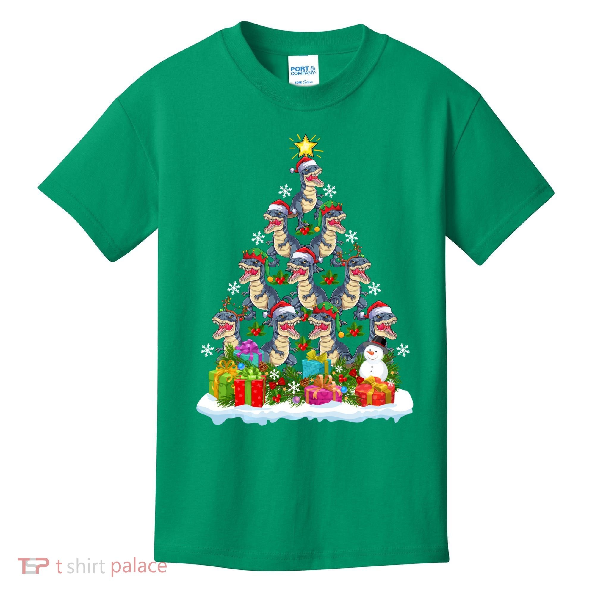Xmas Holiday Santa TRex Dinosaur Christmas Tree Kids T-Shirt