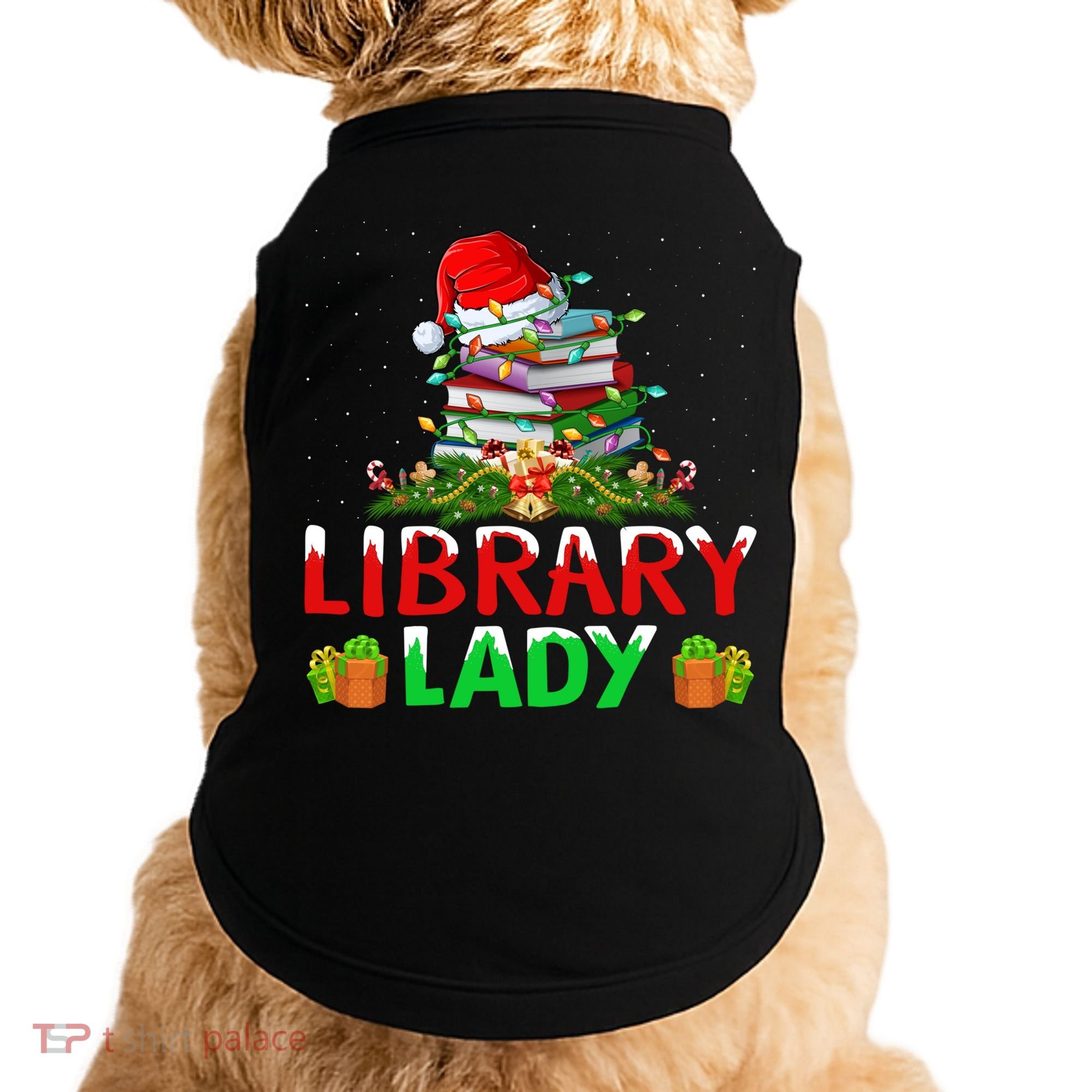 Xmas Lights Books Library Lady Librarian Christmas Cool Gift Doggie Tank