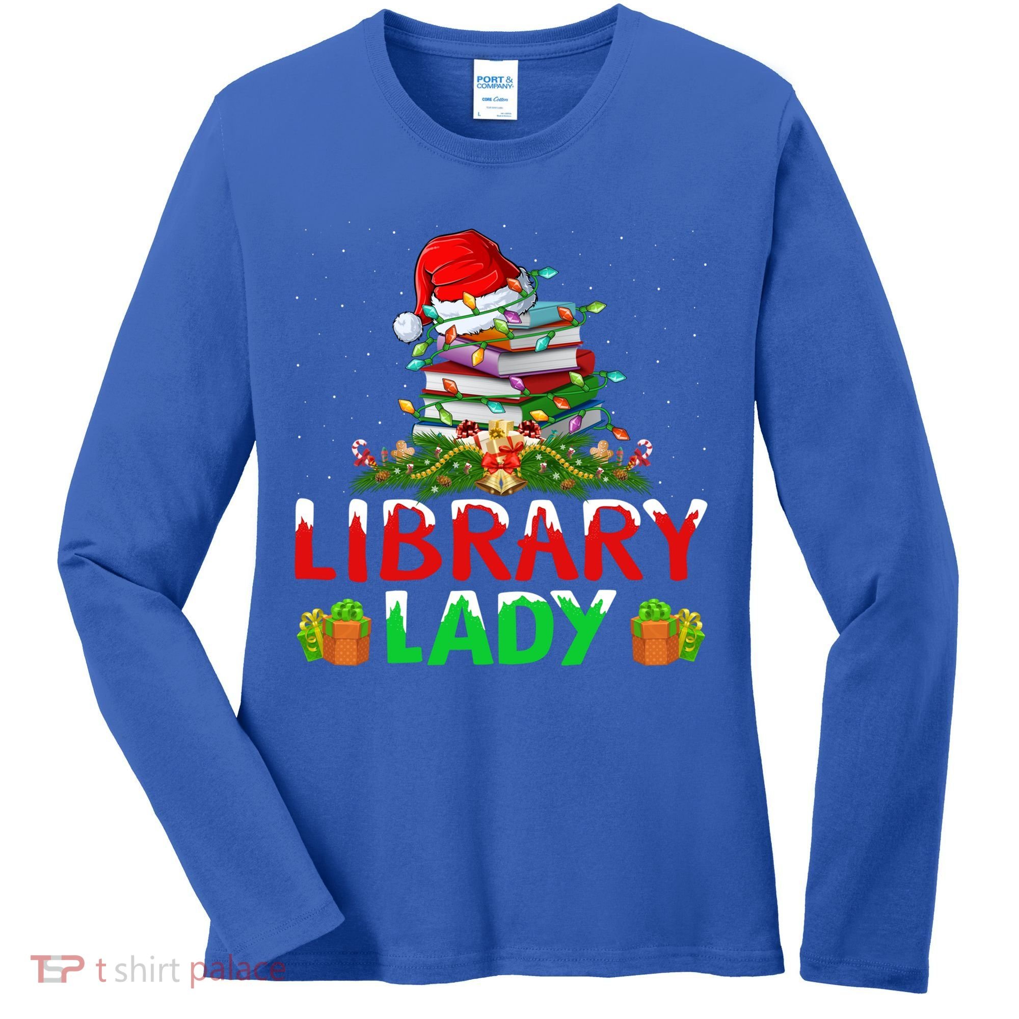 Xmas Lights Books Library Lady Librarian Christmas Cool Gift Women's Long Sleeve Shirt
