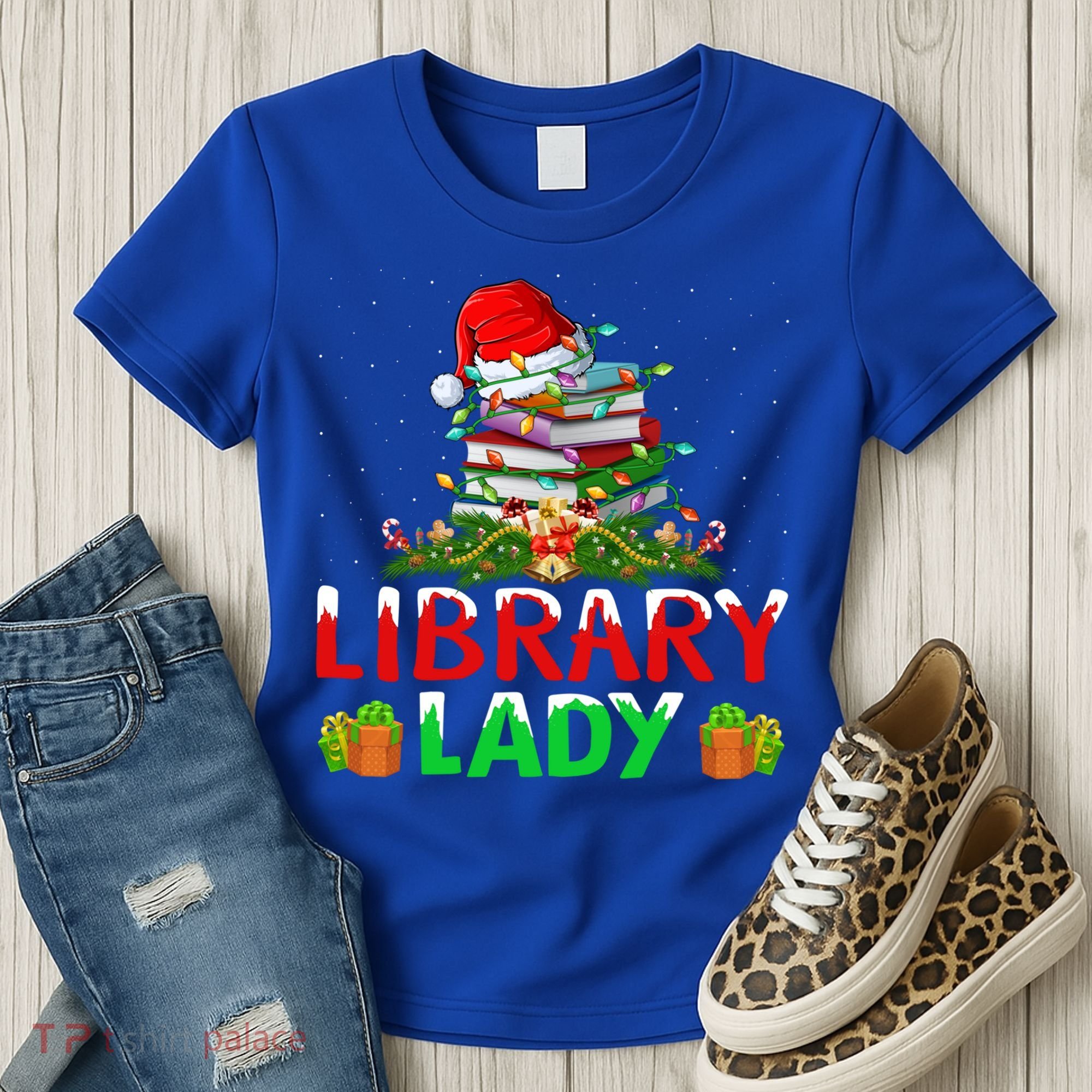 Xmas Lights Books Library Lady Librarian Christmas Cool Gift Women's T-Shirt
