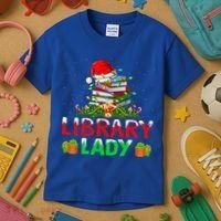 Xmas Lights Books Library Lady Librarian Christmas Cool Gift Kids T-Shirt thumb 3