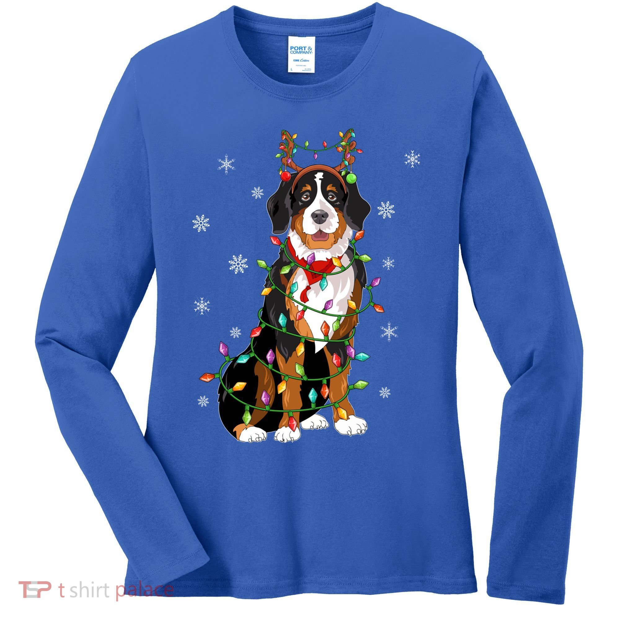 Xmas Lighting Reindeer Hat Bernese Mountain Dog Christmas Gift Women's Long Sleeve Shirt