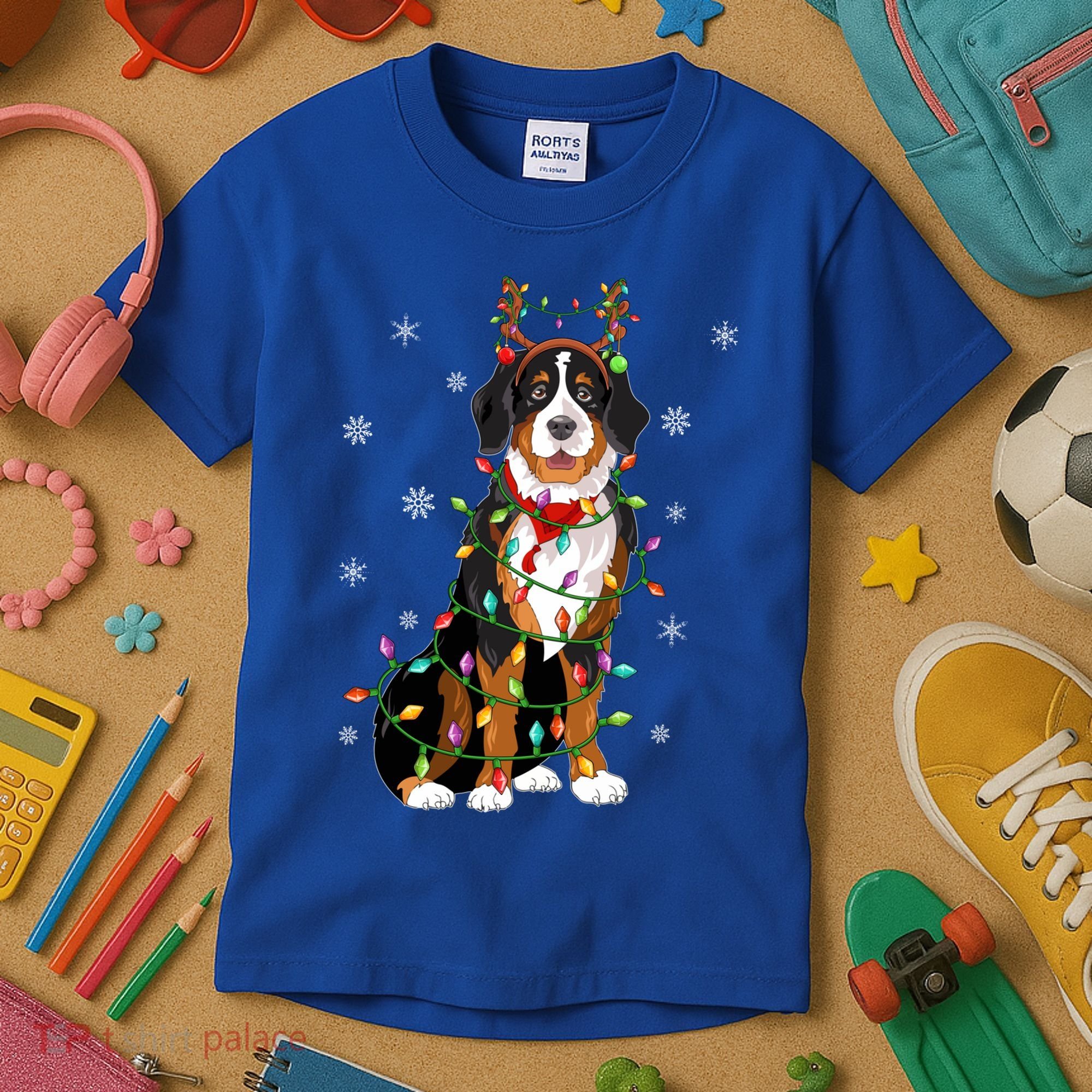 Xmas Lighting Reindeer Hat Bernese Mountain Dog Christmas Gift Kids T-Shirt