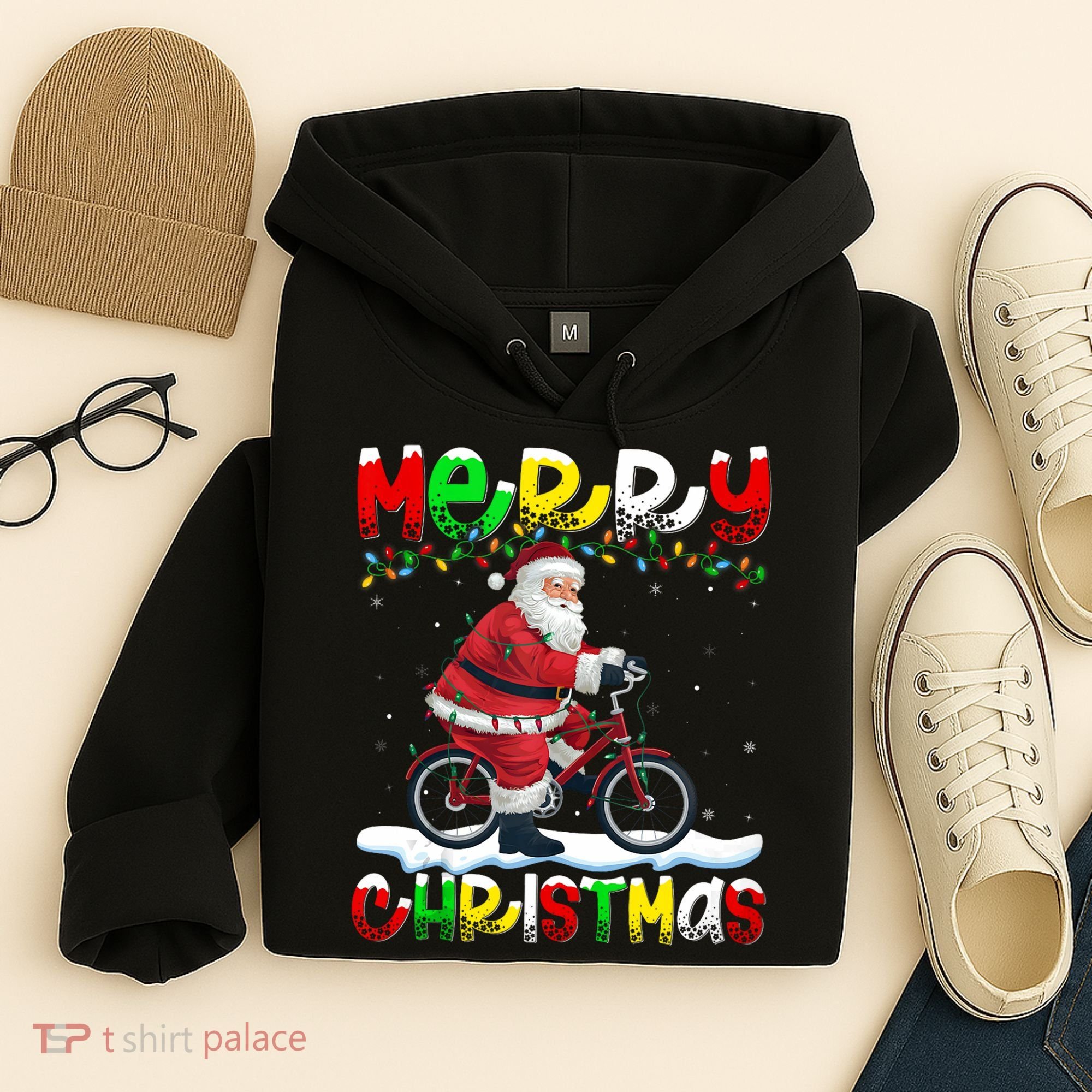 Xmas Lighting Santa Cycling Merry Christmas Hoodie