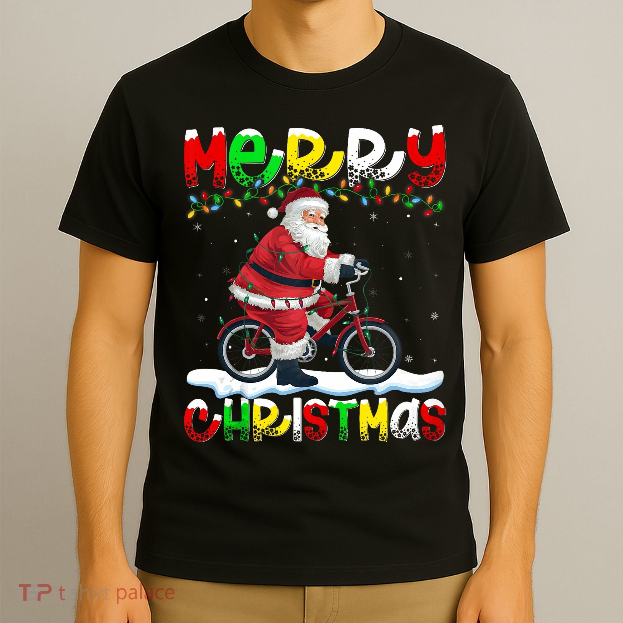 Xmas Lighting Santa Cycling Merry Christmas T-Shirt